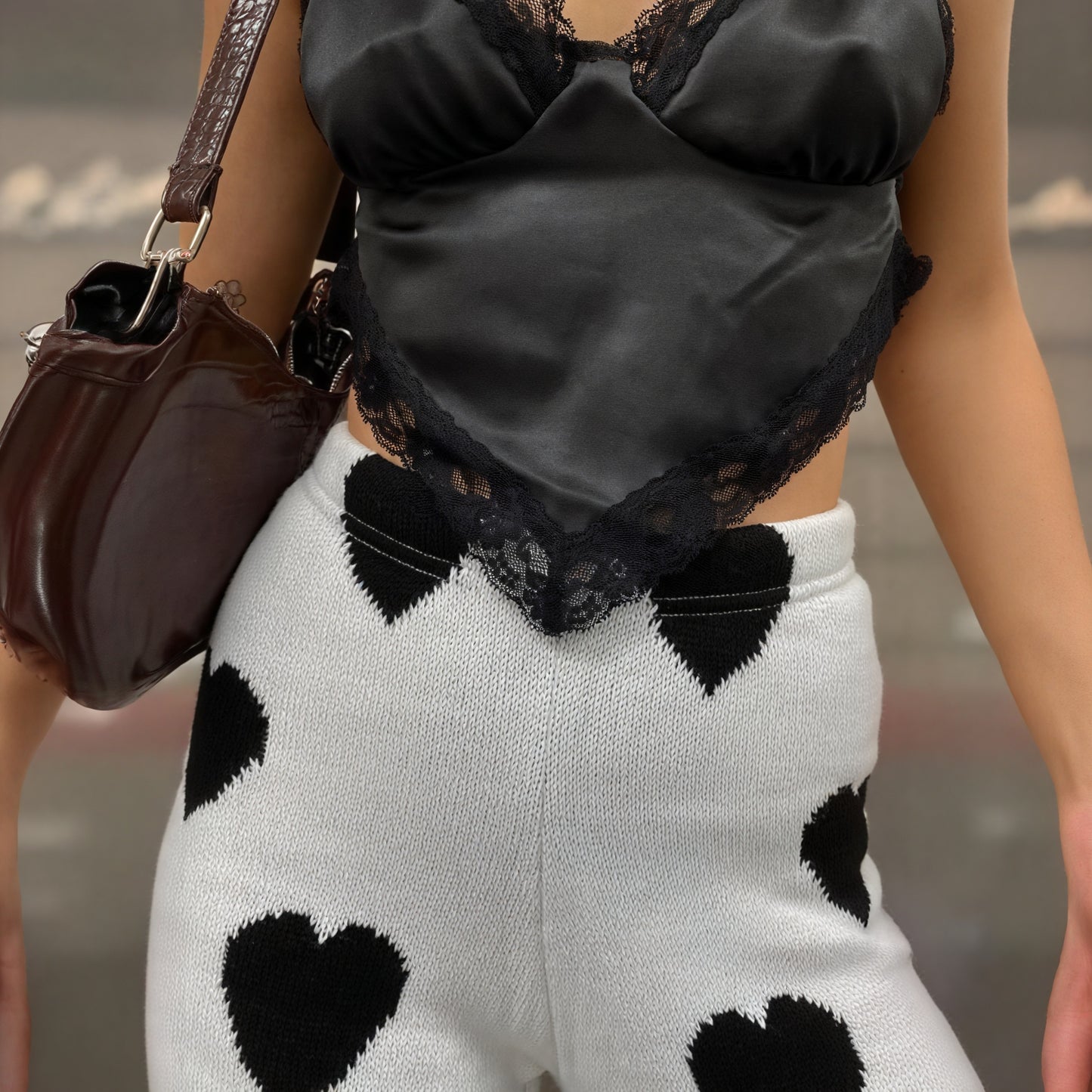 Heart Pattern Wide-Leg Knit Pants