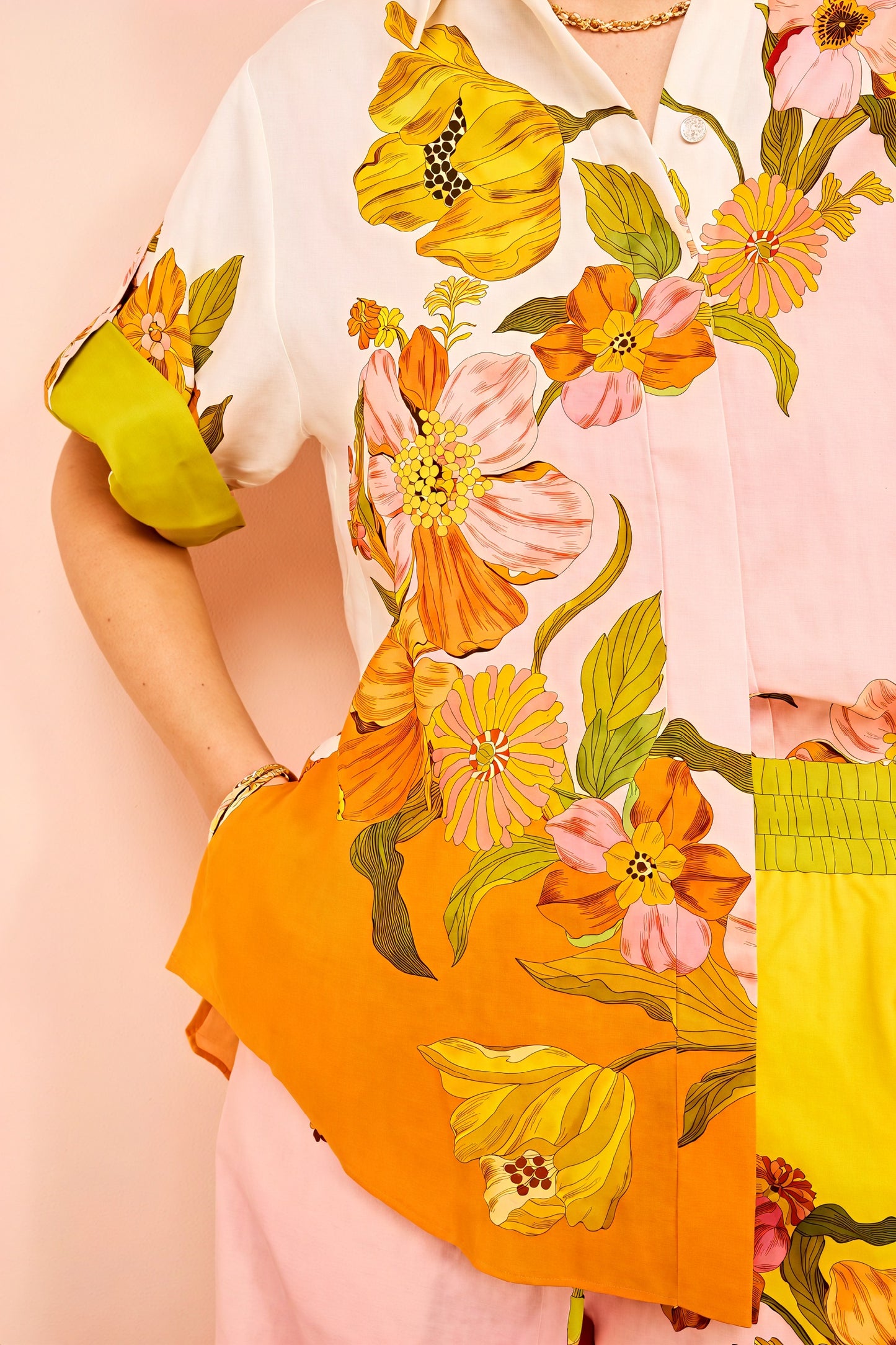 Floral Print Two-Piece Suit - Wide Leg, Short Sleeve