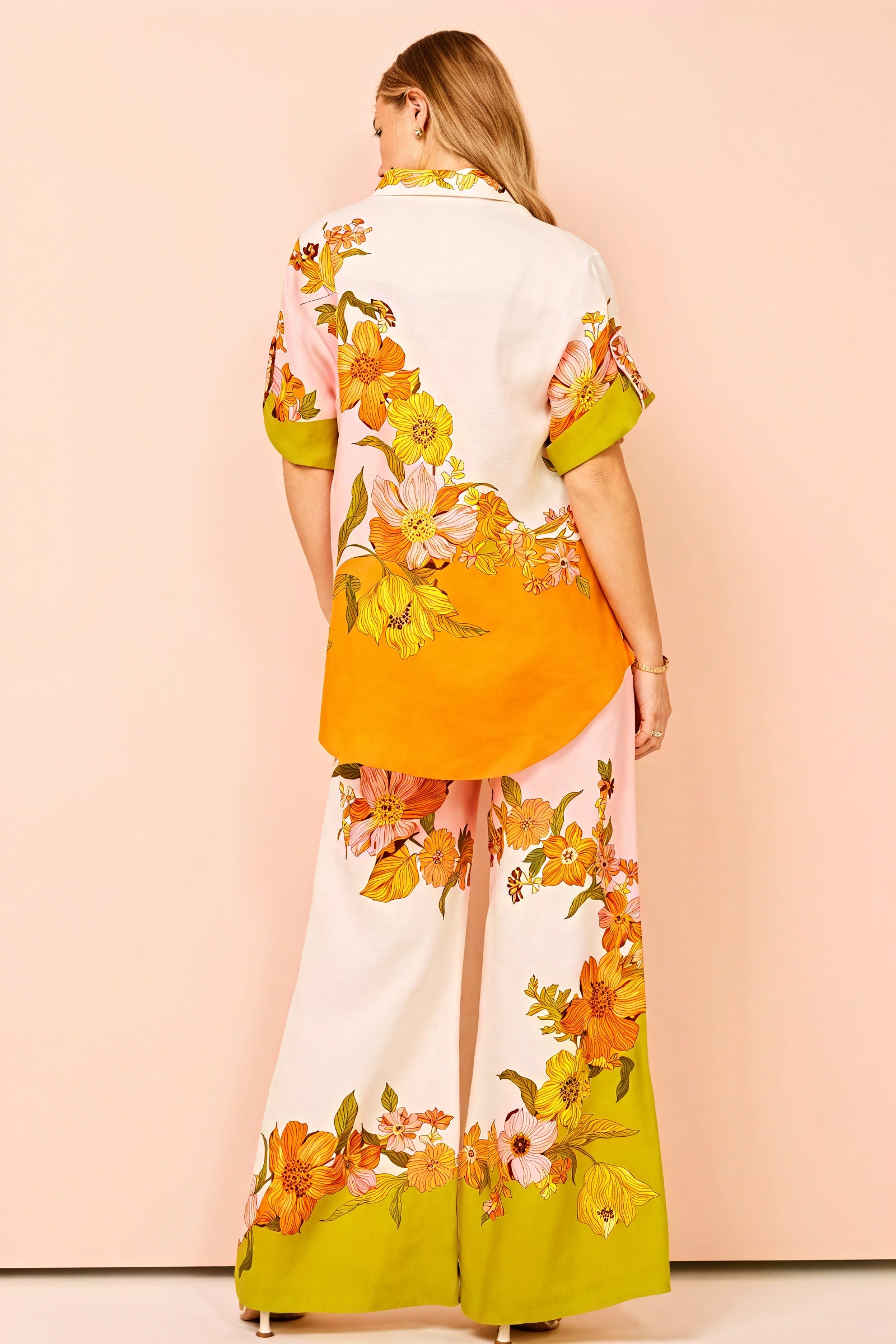 Floral Print Two-Piece Suit - Wide Leg, Short Sleeve