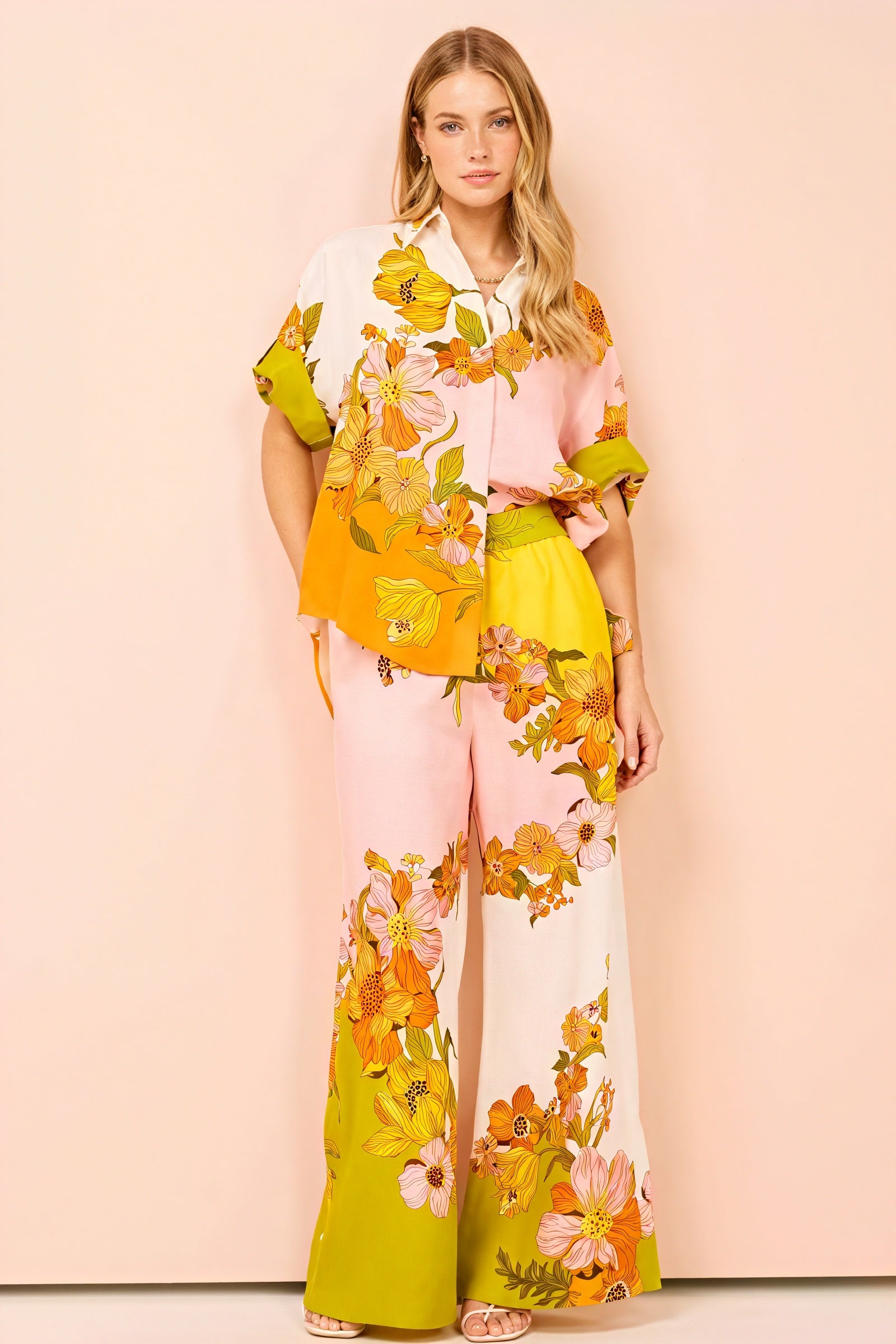 Floral Print Two-Piece Suit - Wide Leg, Short Sleeve