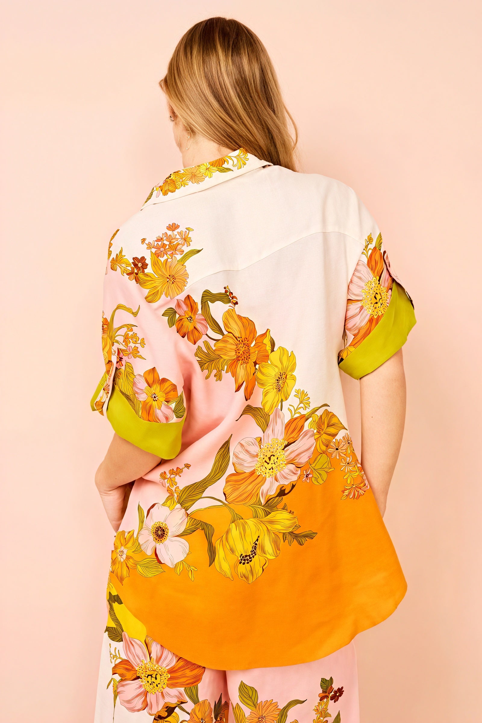 Floral Print Two-Piece Suit - Wide Leg, Short Sleeve