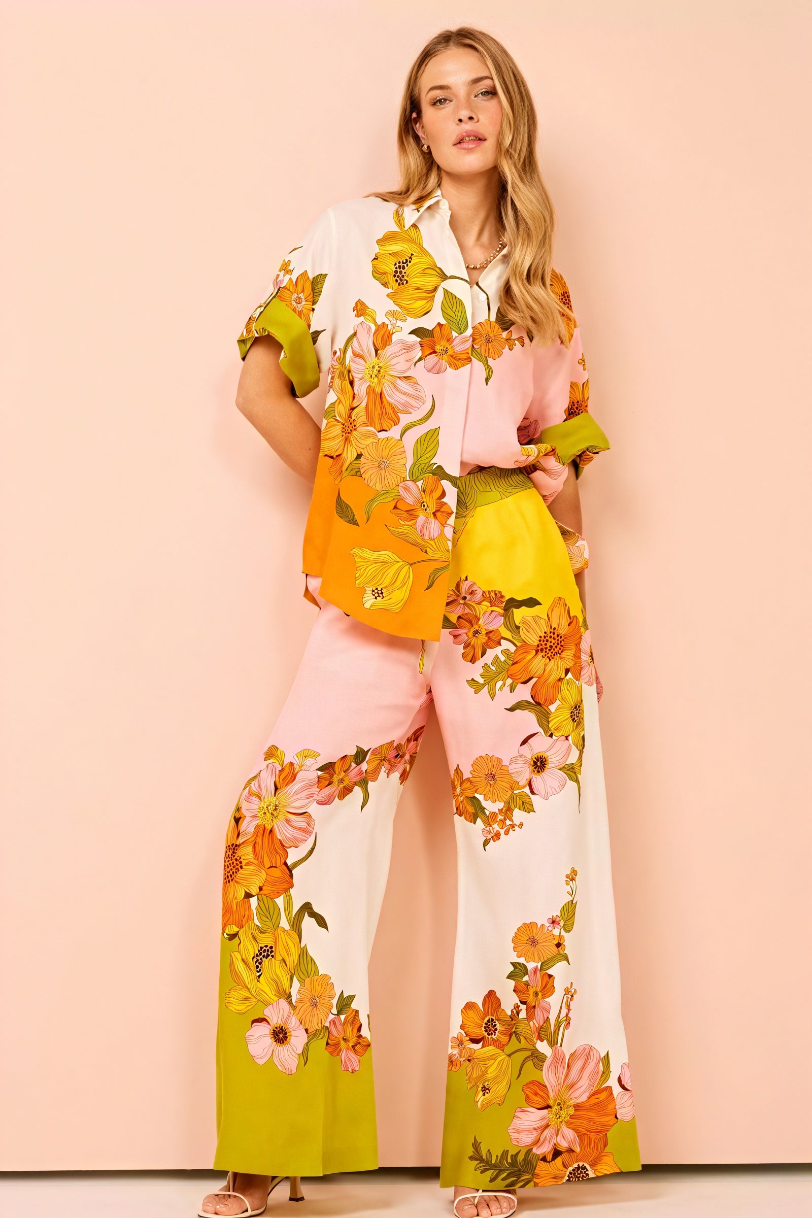 Floral Print Two-Piece Suit - Wide Leg, Short Sleeve