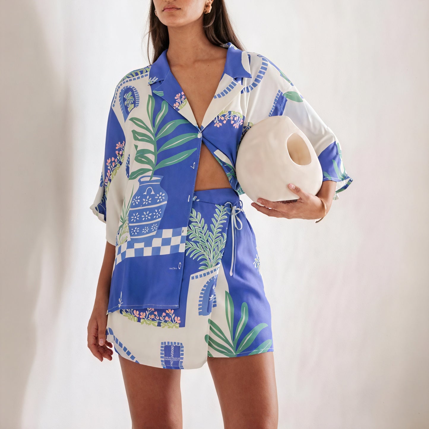 Botanical Print Wrap Skirt Two-Piece Set