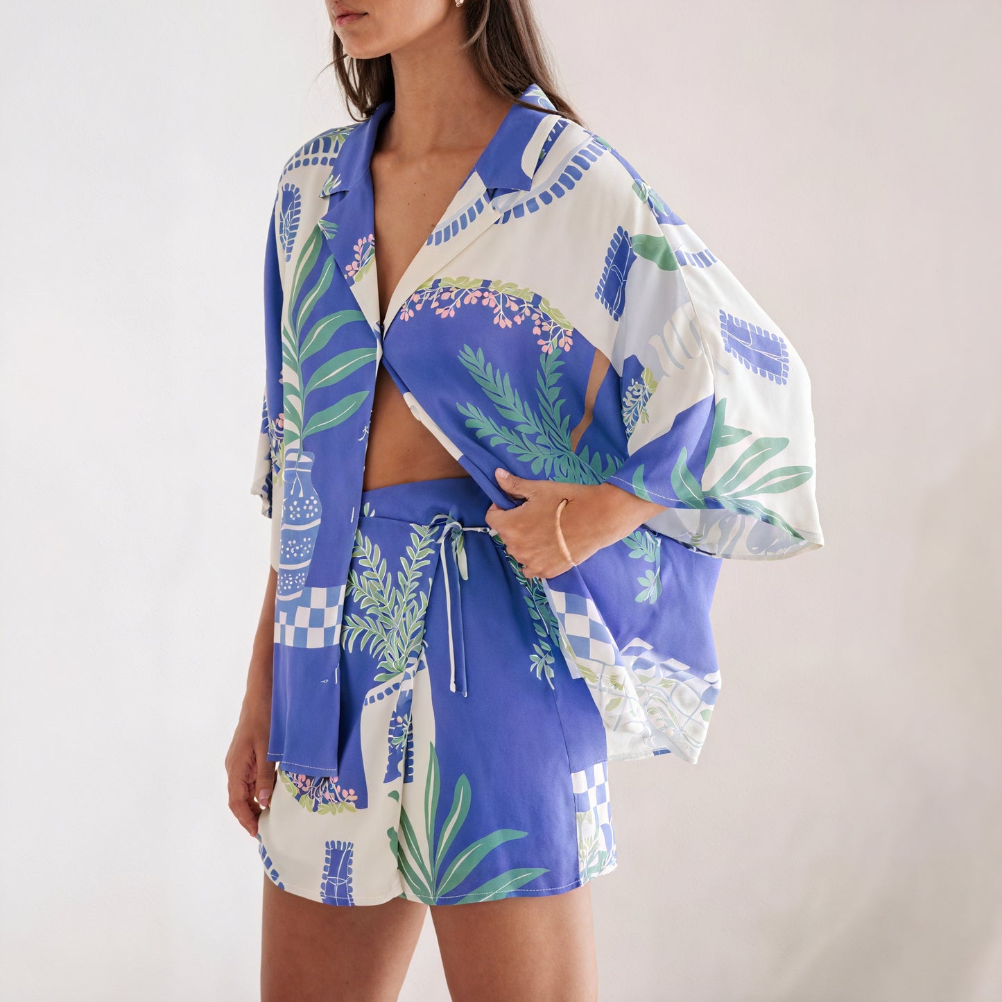 Botanical Print Wrap Skirt Two-Piece Set