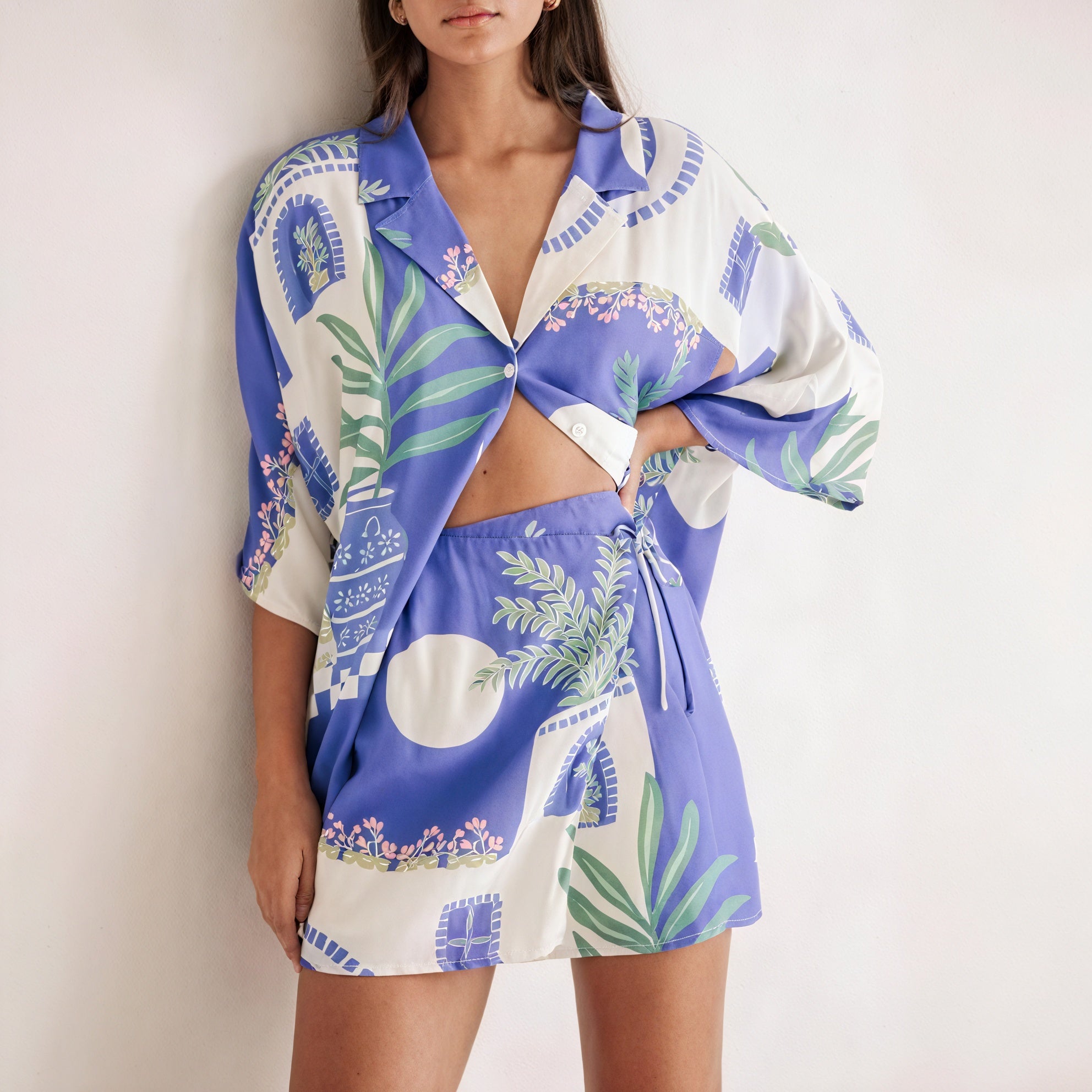 Botanical Print Wrap Skirt Two-Piece Set