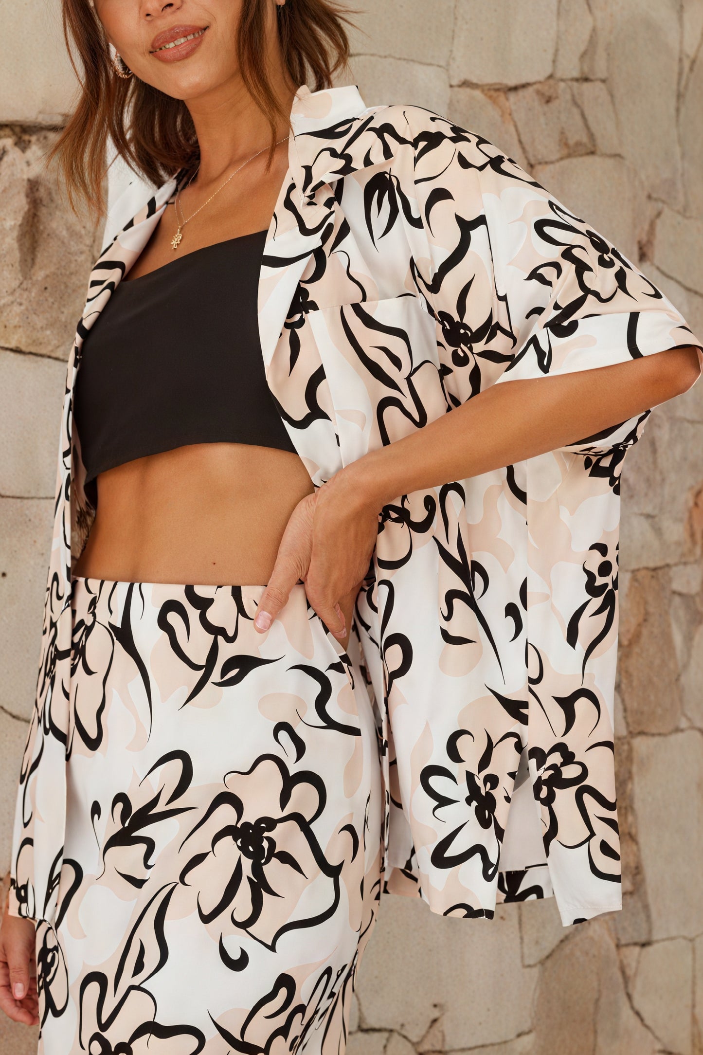 Floral Print Blazer Skirt Set - Two-Piece Outfit