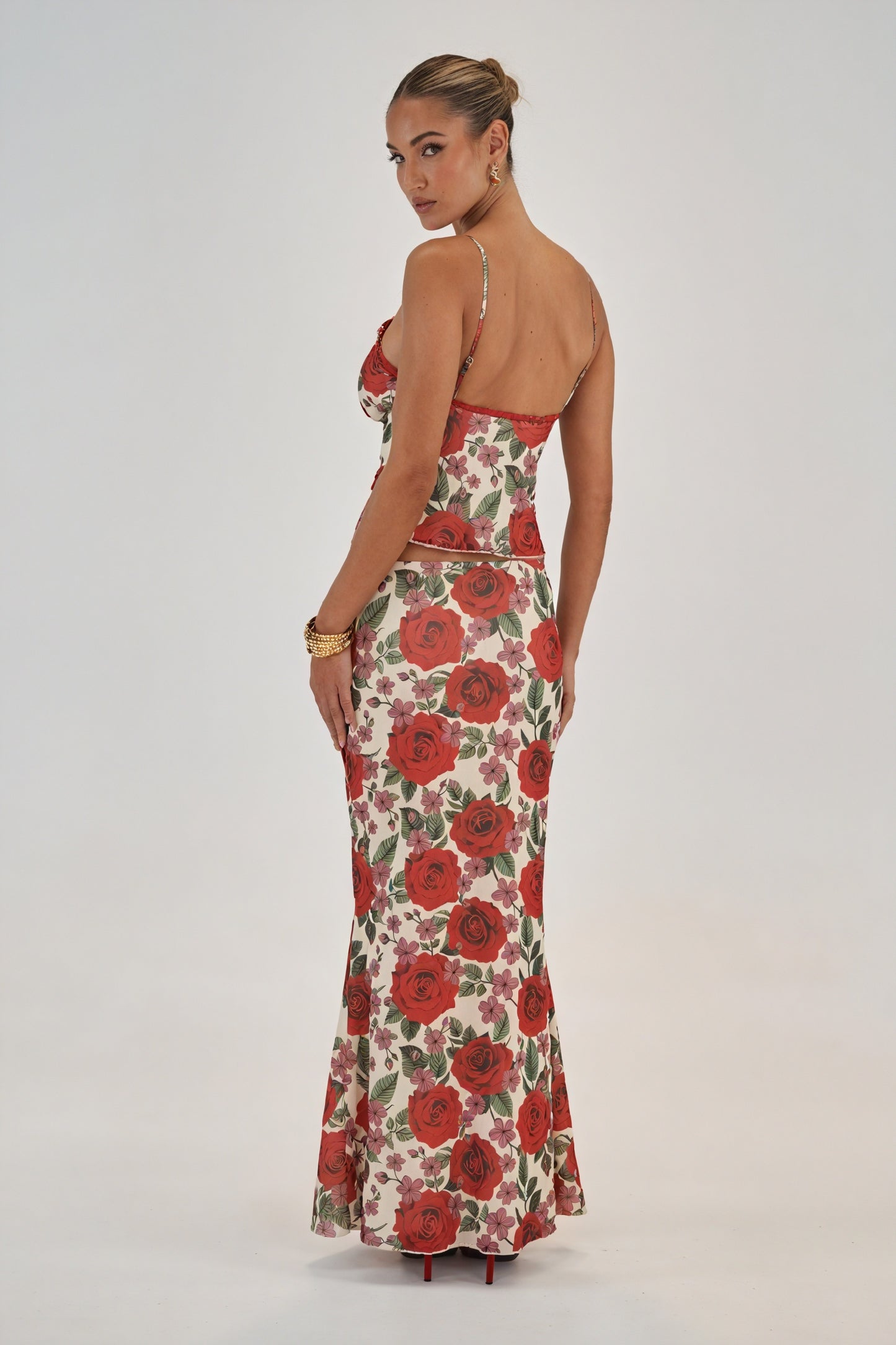 Floral Maxi Skirt Set - Two-Piece with Lace