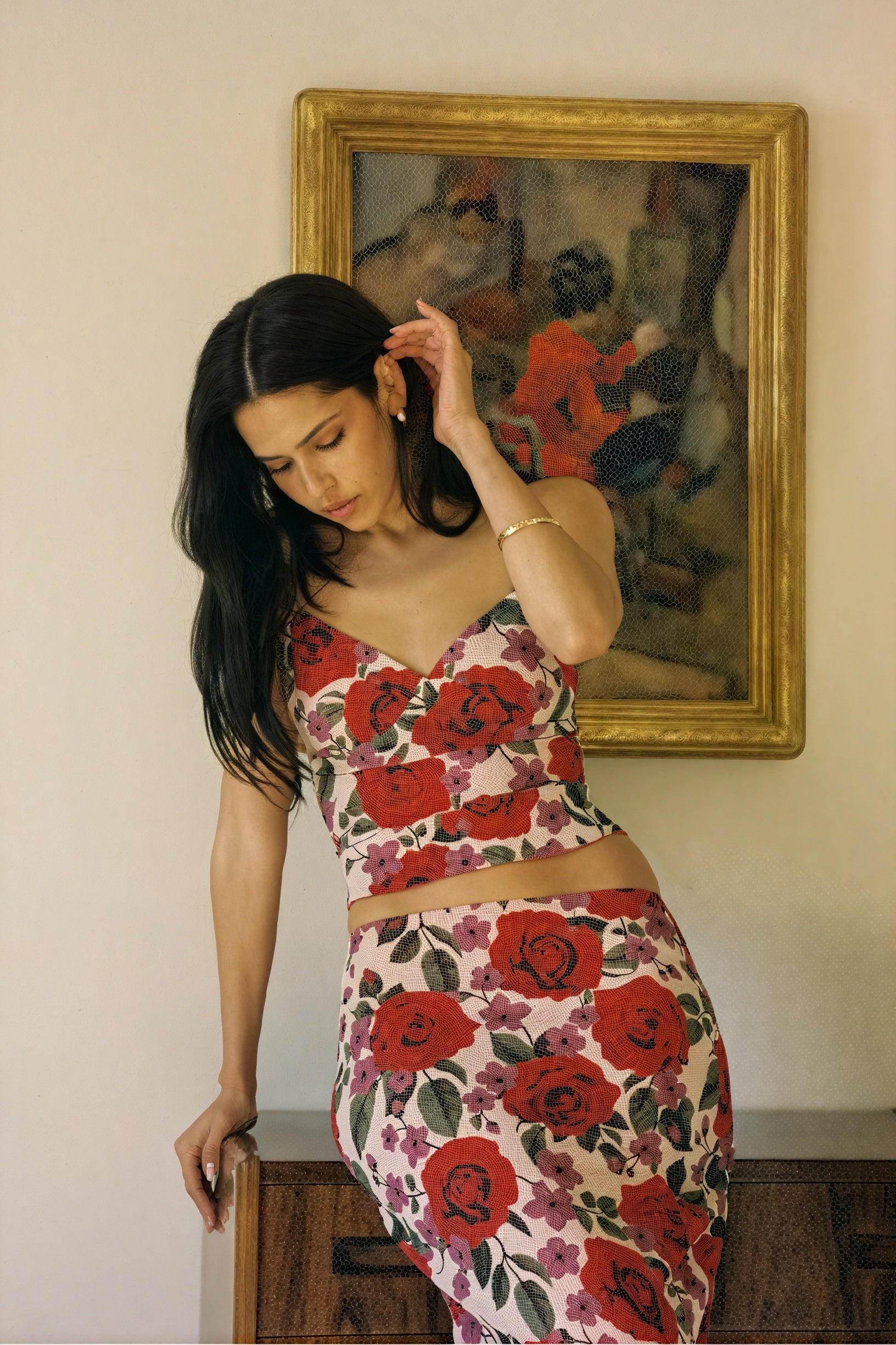 Floral Maxi Skirt Set - Two-Piece with Lace