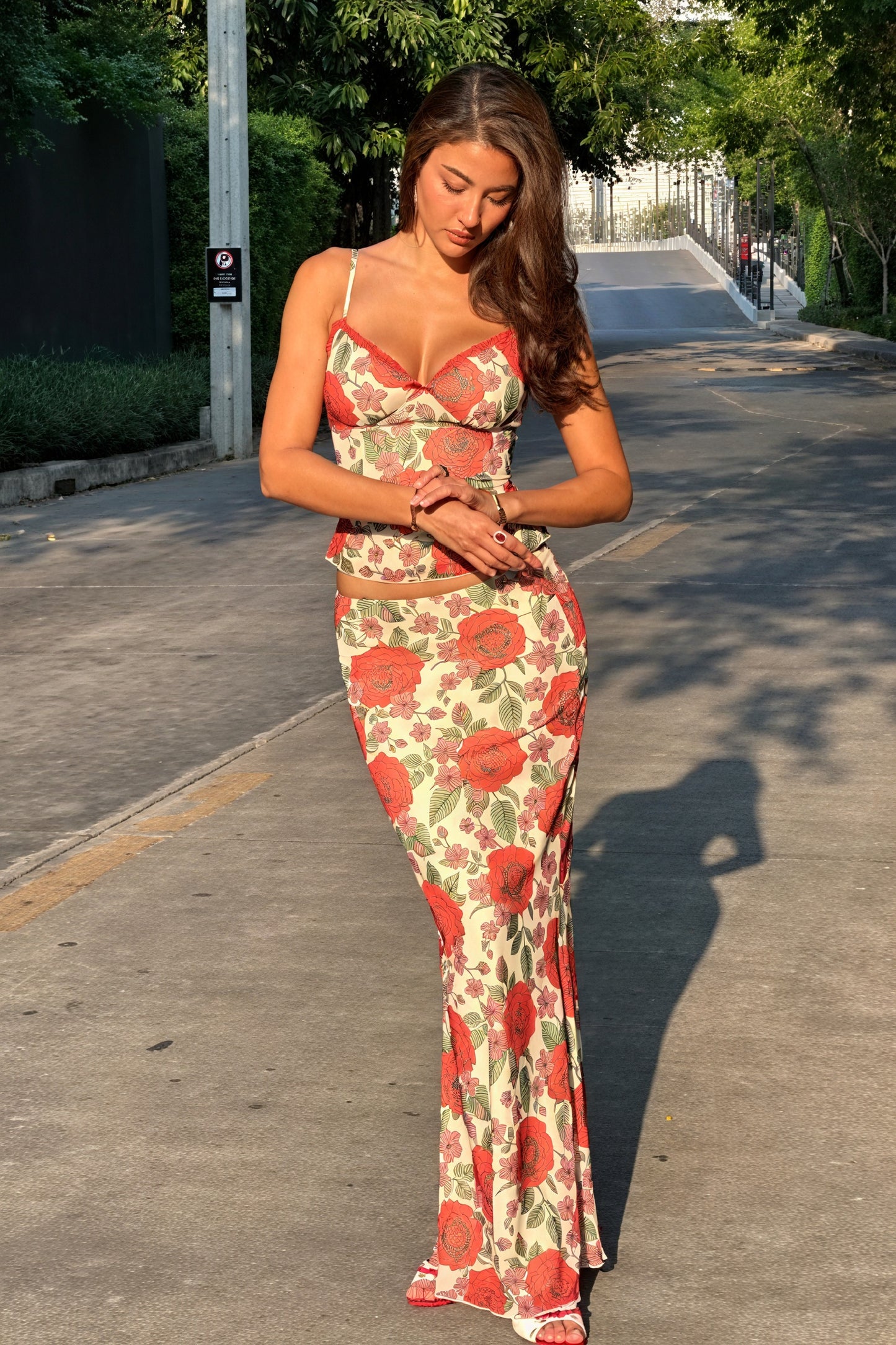 Floral Maxi Skirt Set - Two-Piece with Lace