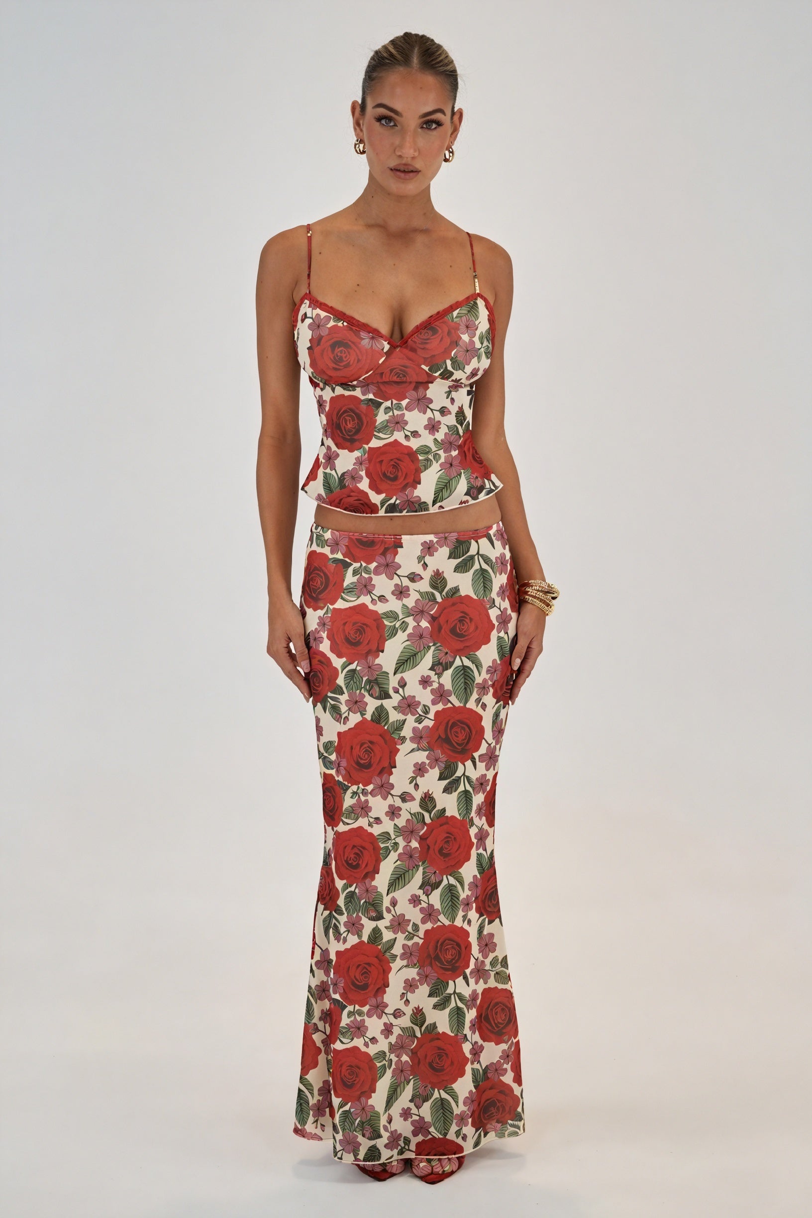 Floral Maxi Skirt Set - Two-Piece with Lace