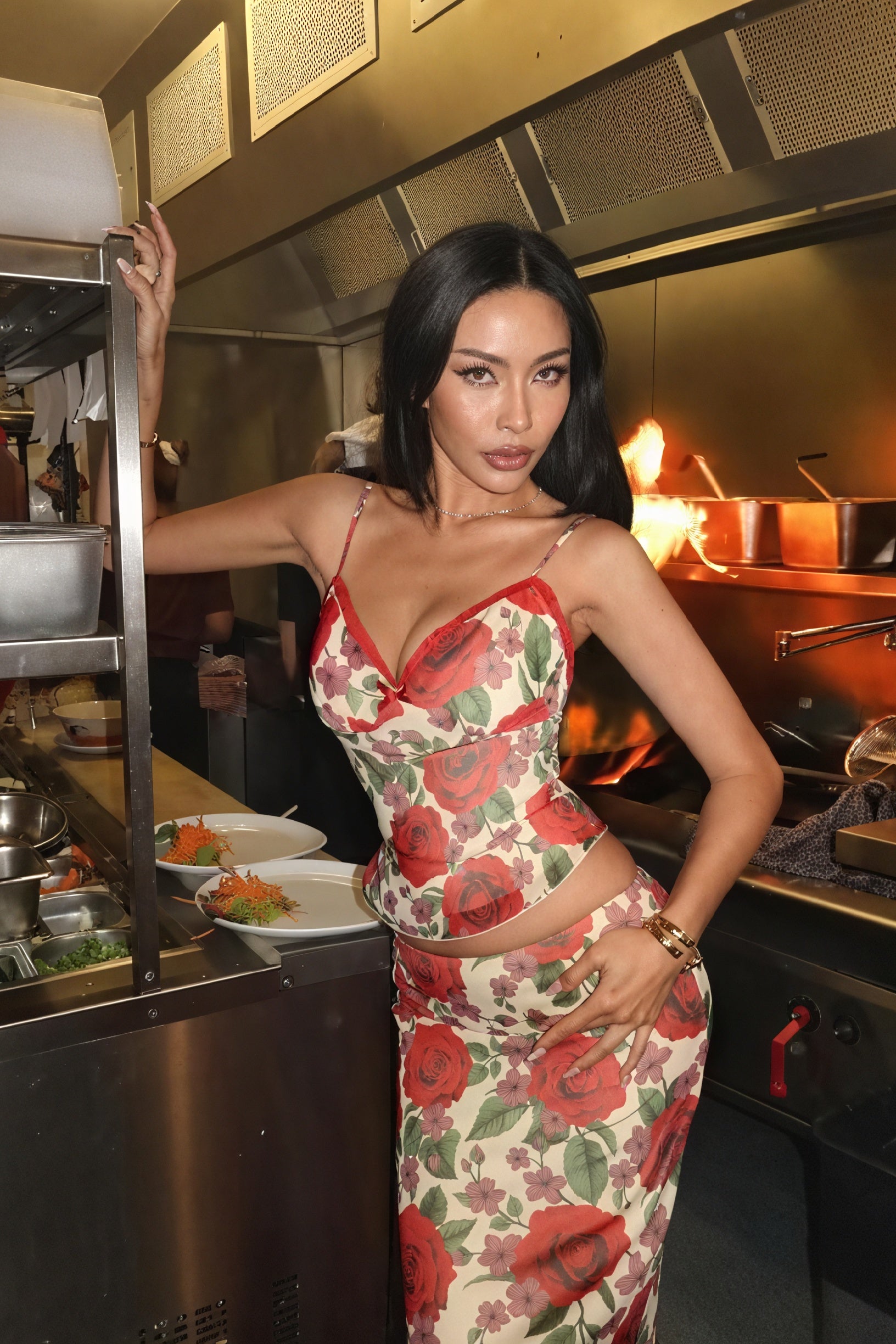 Floral Maxi Skirt Set - Two-Piece with Lace