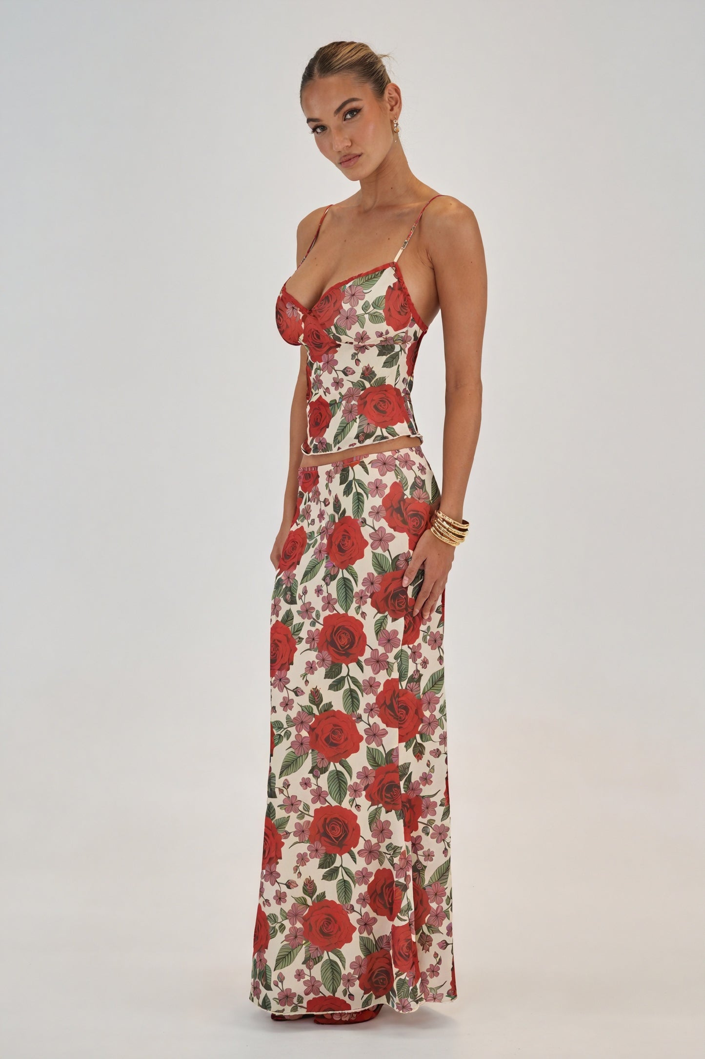 Floral Maxi Skirt Set - Two-Piece with Lace