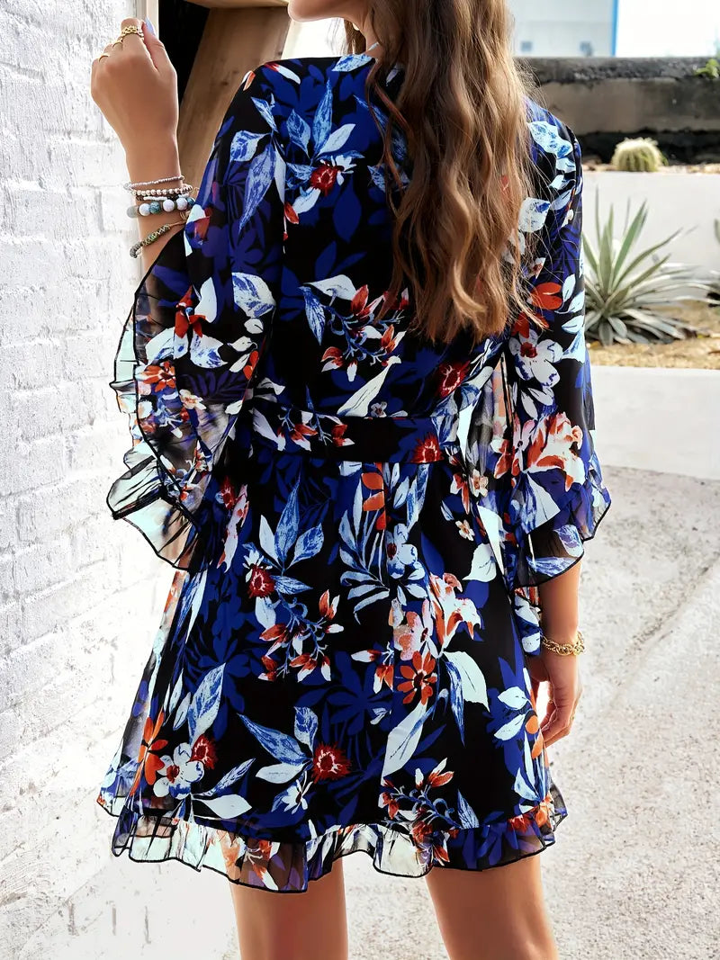 Floral Wrap Mini Dress - Ruffle Hem and Bell Sleeves