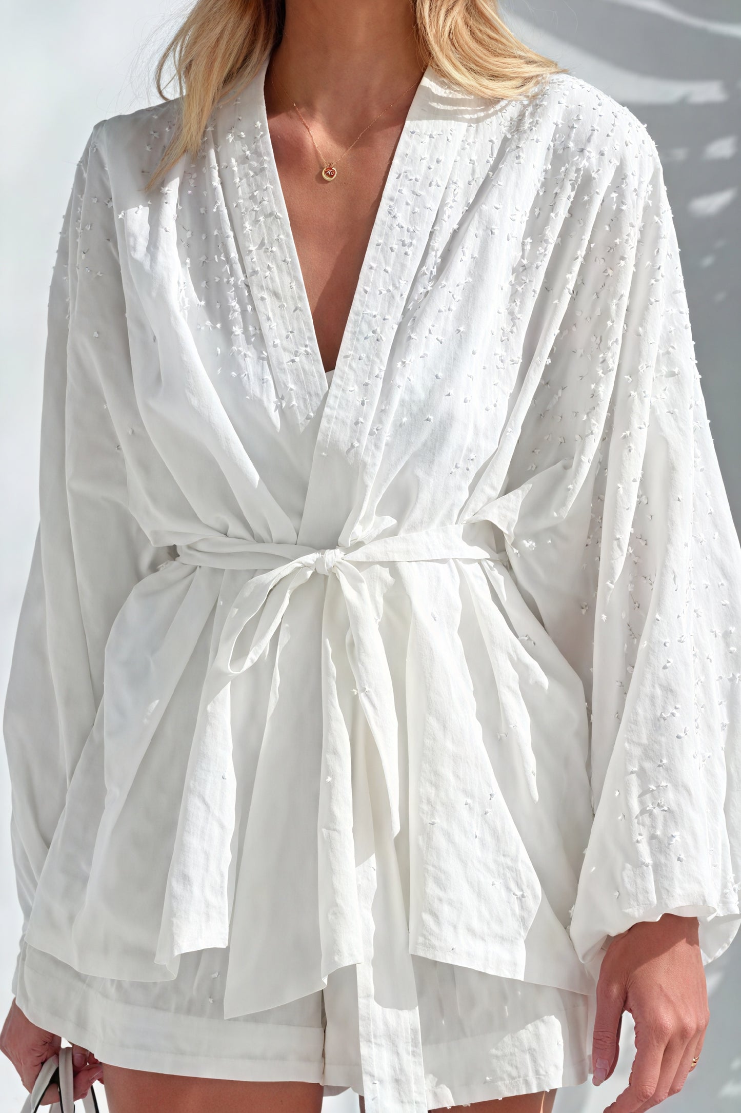 Textured Kimono with Belt & Wide Sleeves