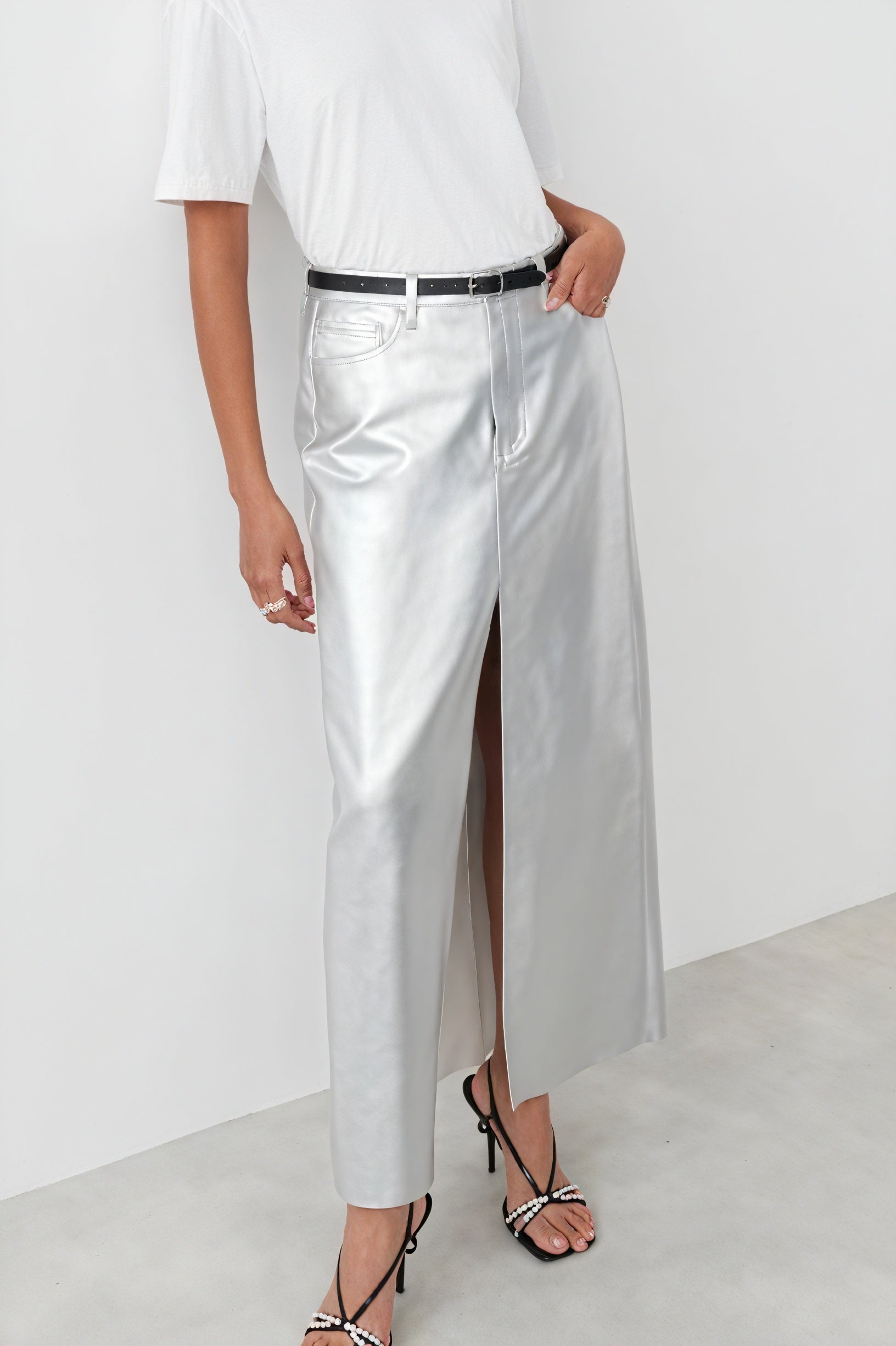 High-Waisted Maxi Skirt - Front Slit Faux Leather