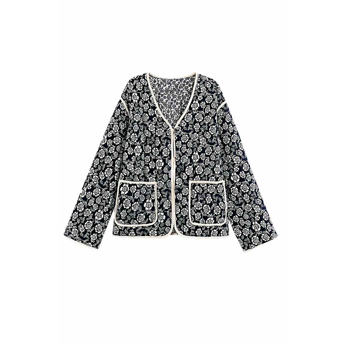 Floral Print V-Neck Jacket with Piping