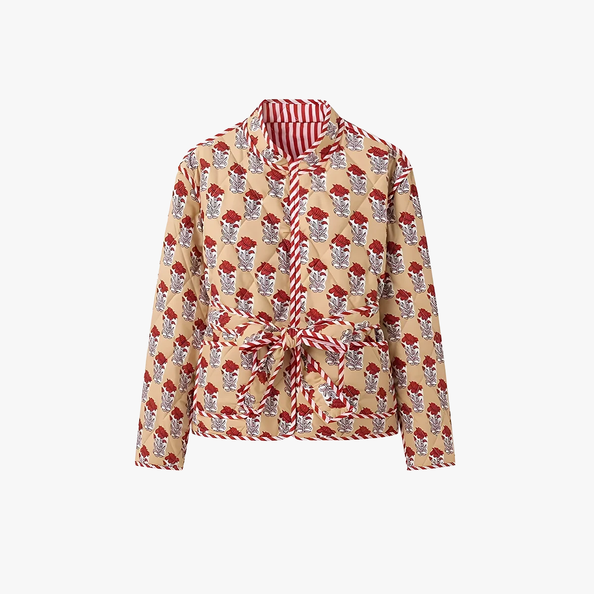 Floral Quilted Jacket with Striped Belt