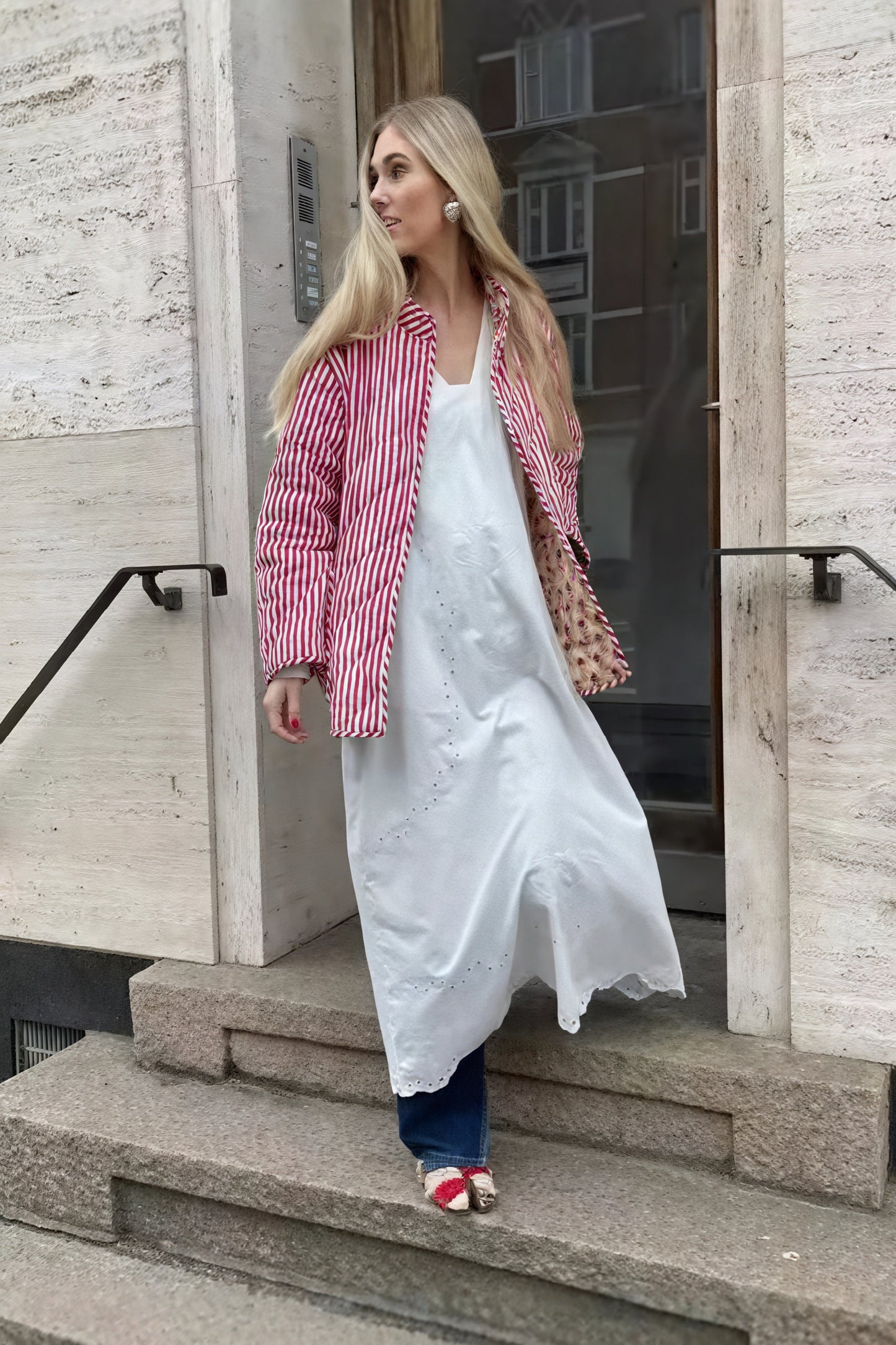 Floral Quilted Jacket with Striped Belt