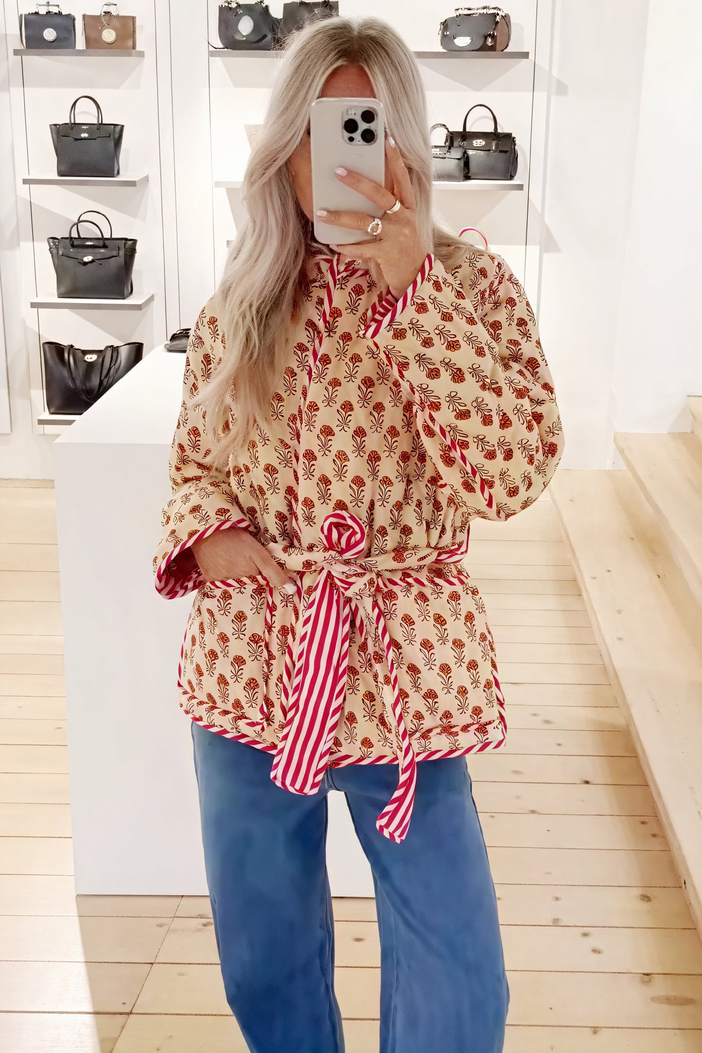 Floral Quilted Jacket with Striped Belt