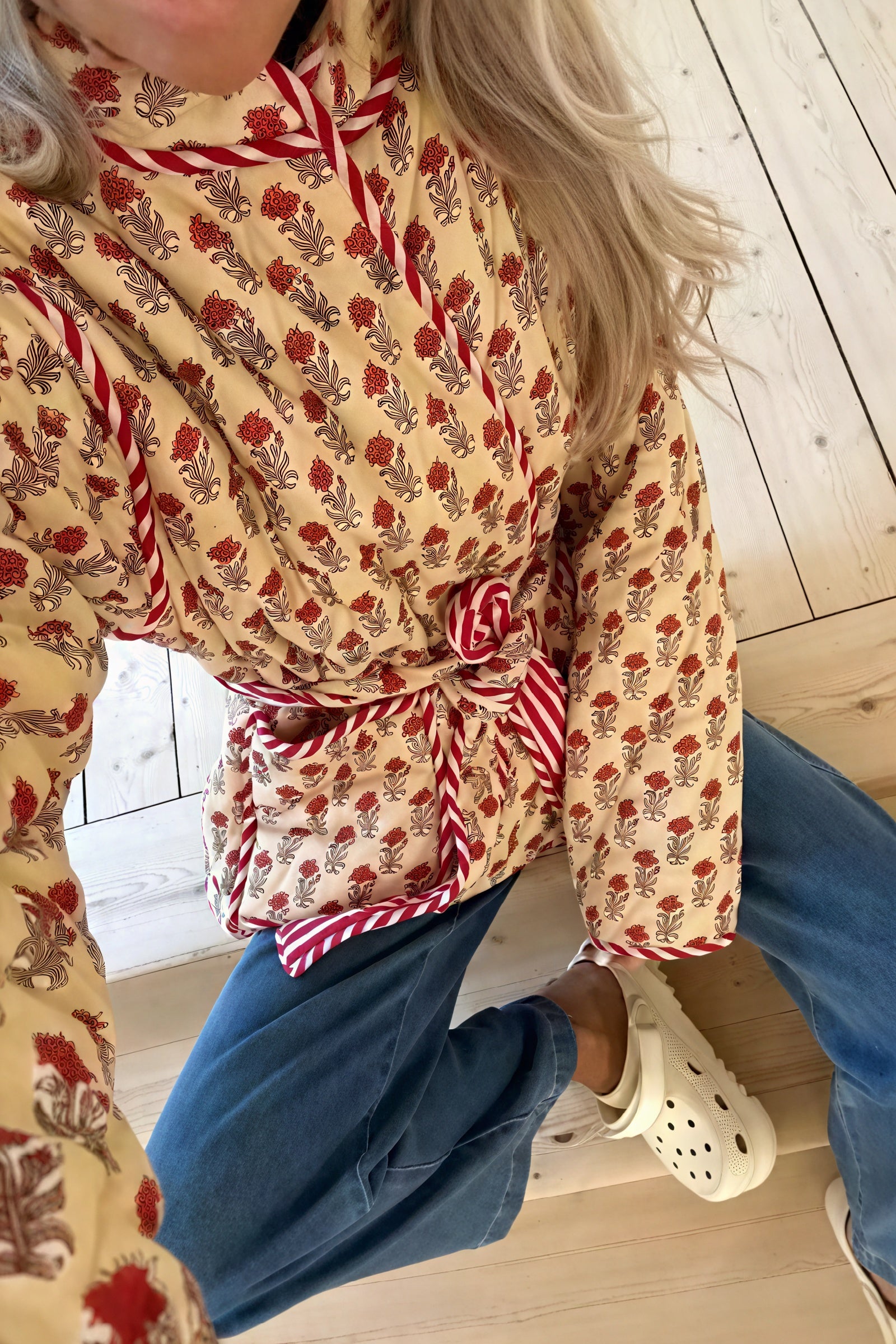 Floral Quilted Jacket with Striped Belt