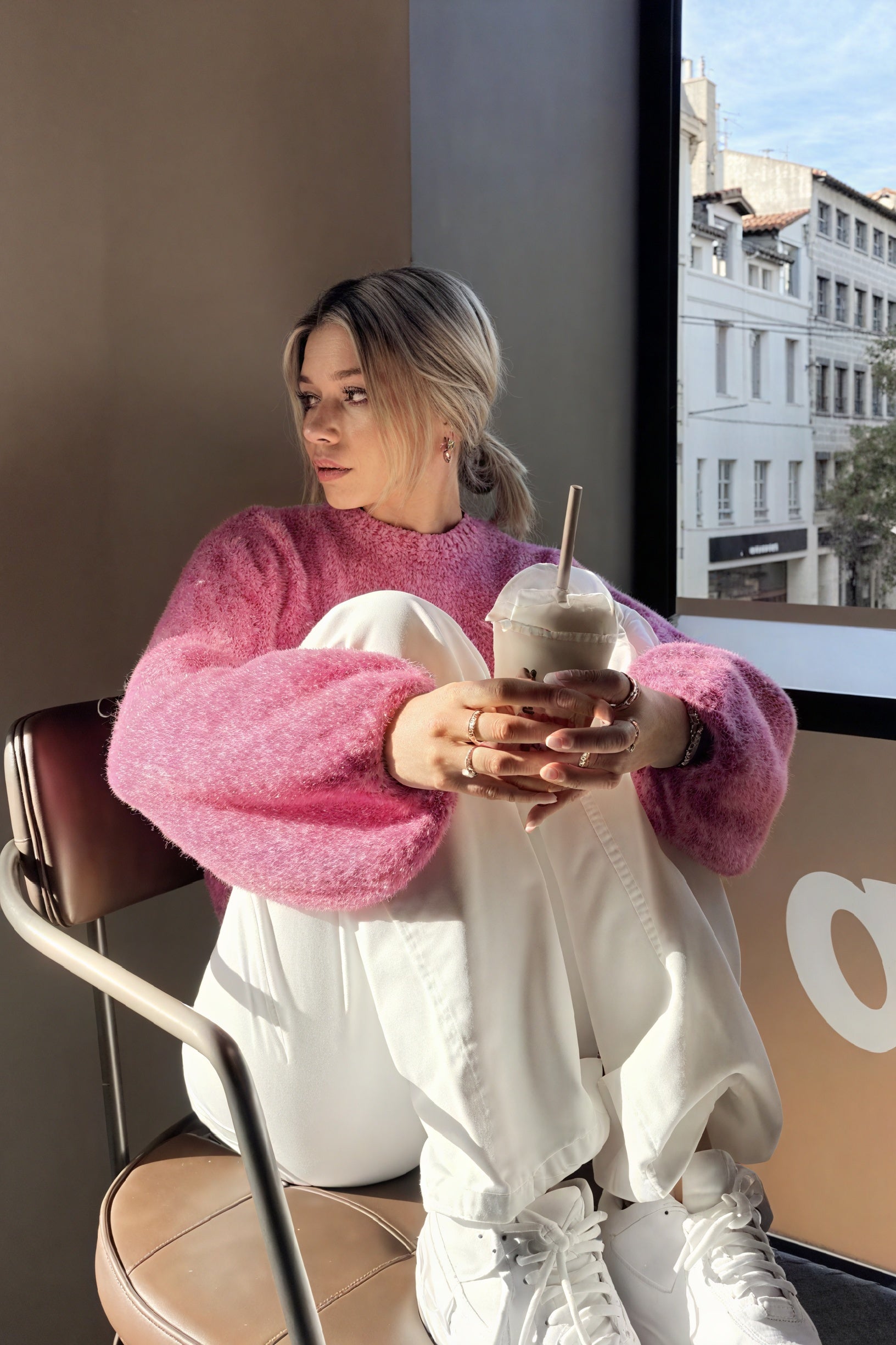 Textured Bell Sleeve Top - Crew Neck