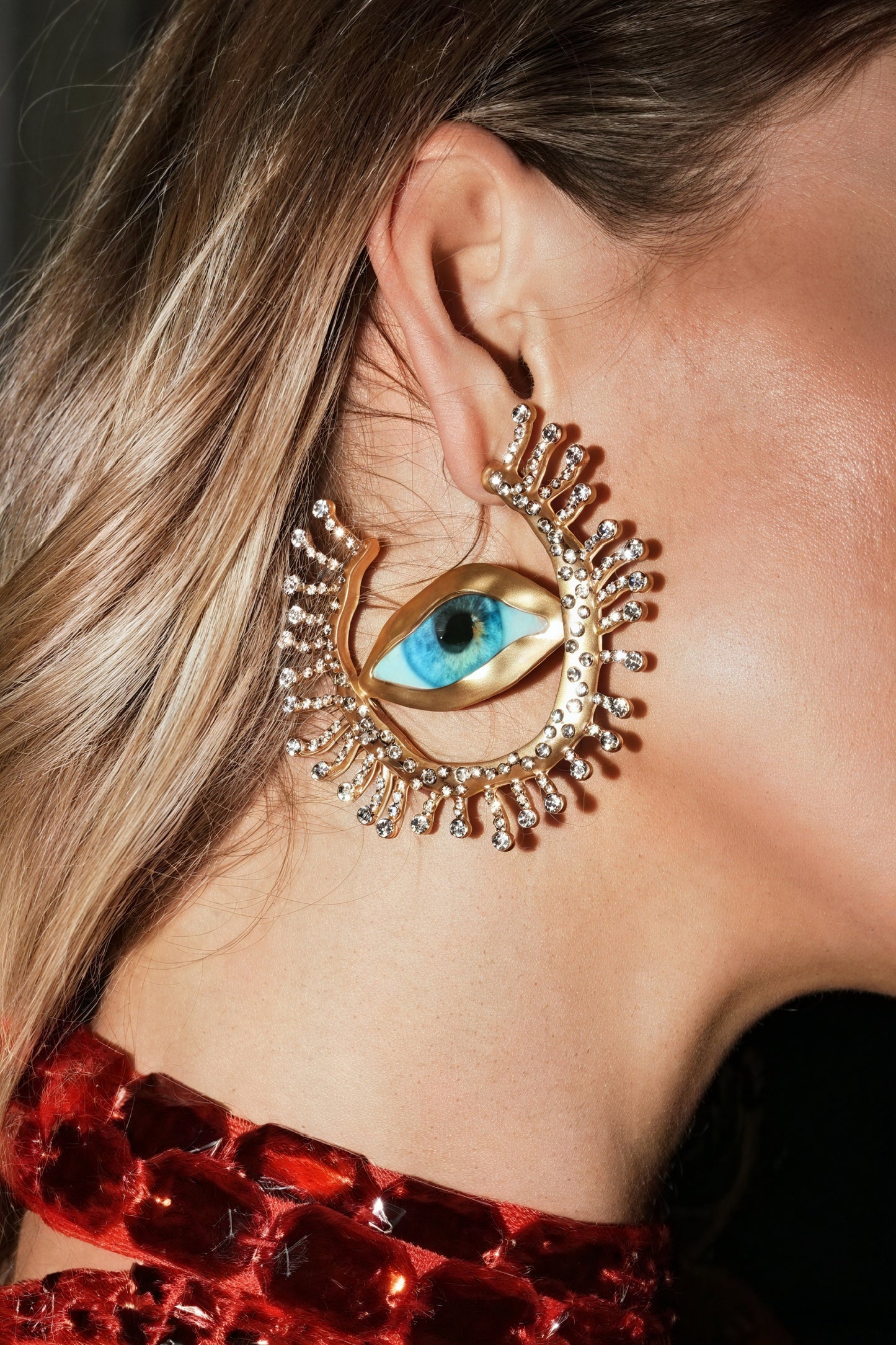 Crystal Eye Earrings - Gold-Tone, Blue Iris Detail
