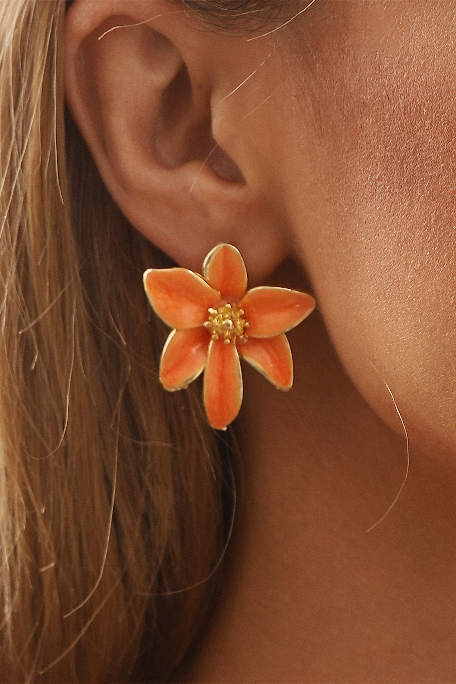 Orange Flower Stud Earrings with Gold Detail