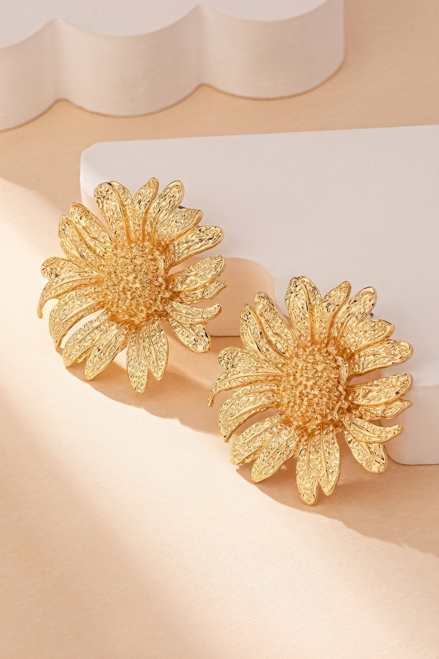 Gold Daisy Drop Earrings - Statement Flower Design