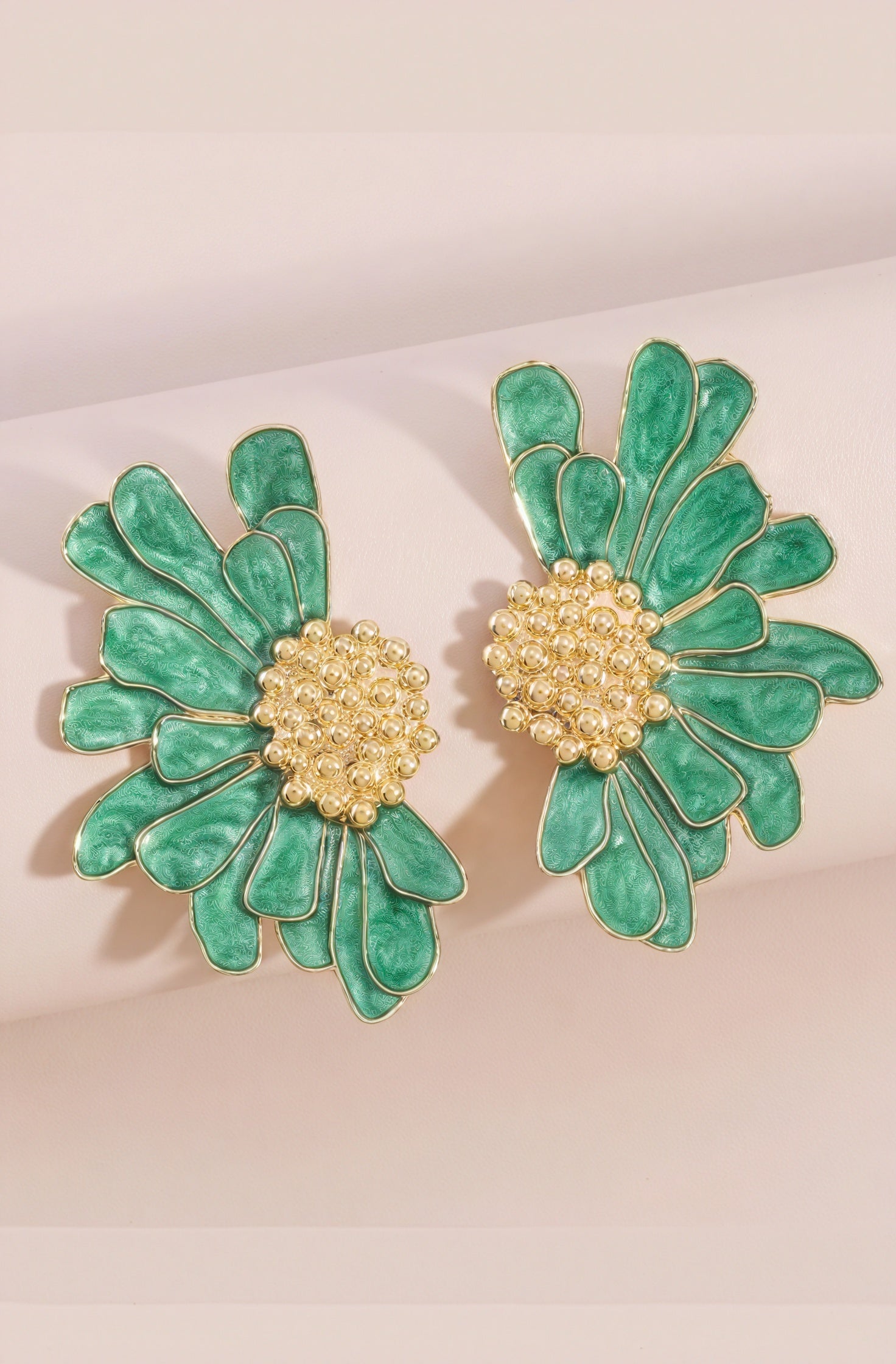 Floral Drop Earrings - Green Enamel, Gold Accents