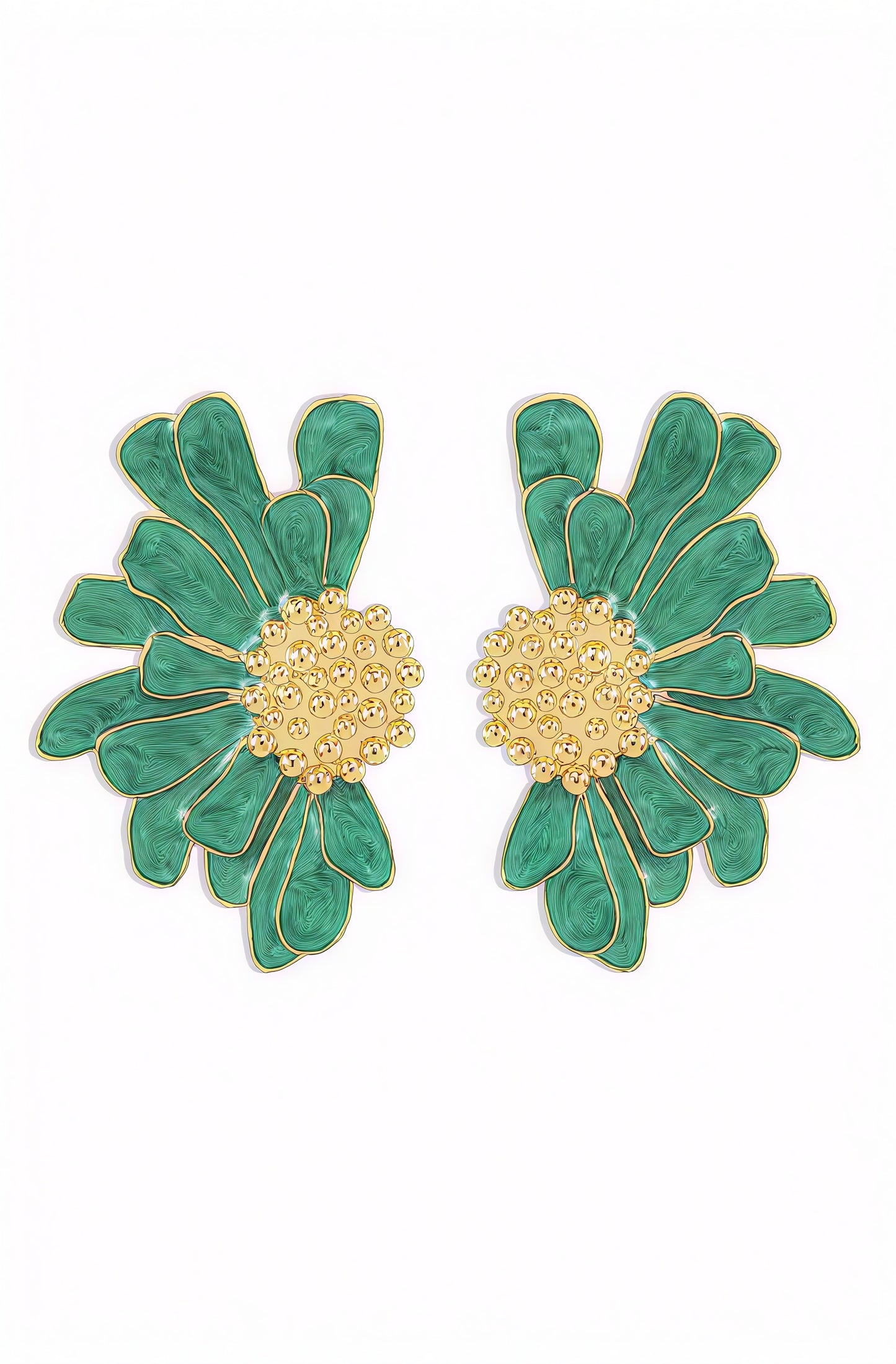 Floral Drop Earrings - Green Enamel, Gold Accents