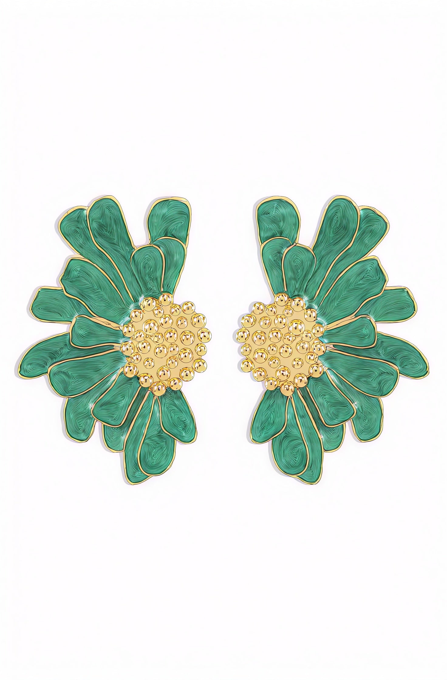 Floral Drop Earrings - Green Enamel, Gold Accents