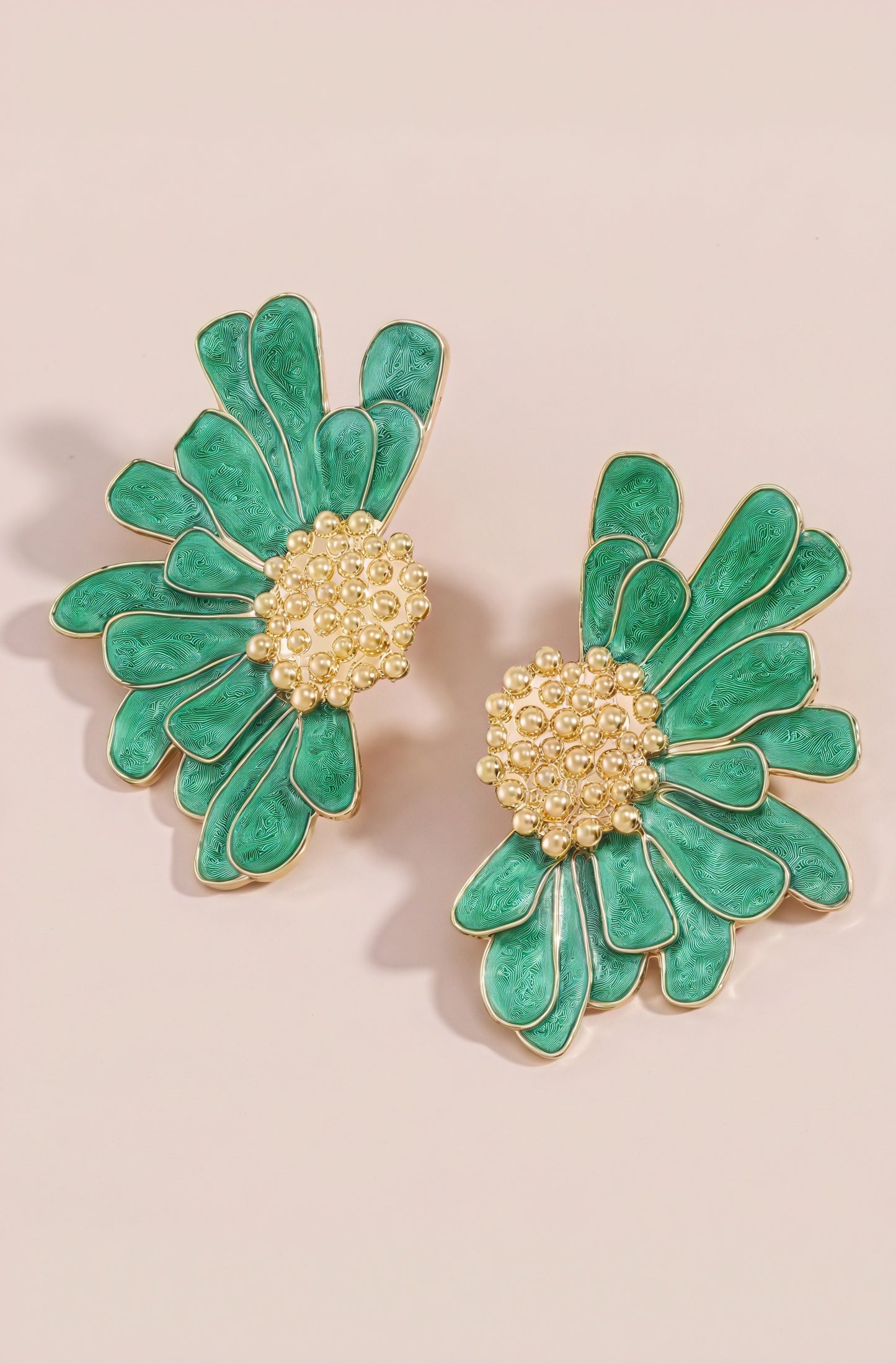 Floral Drop Earrings - Green Enamel, Gold Accents