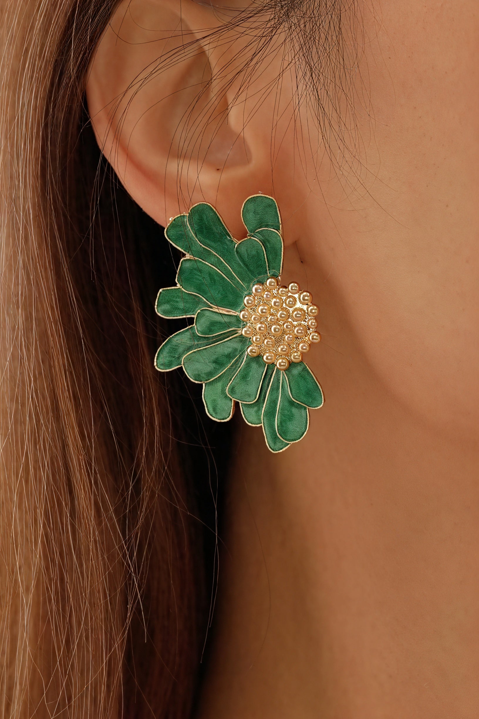 Floral Drop Earrings - Green Enamel, Gold Accents