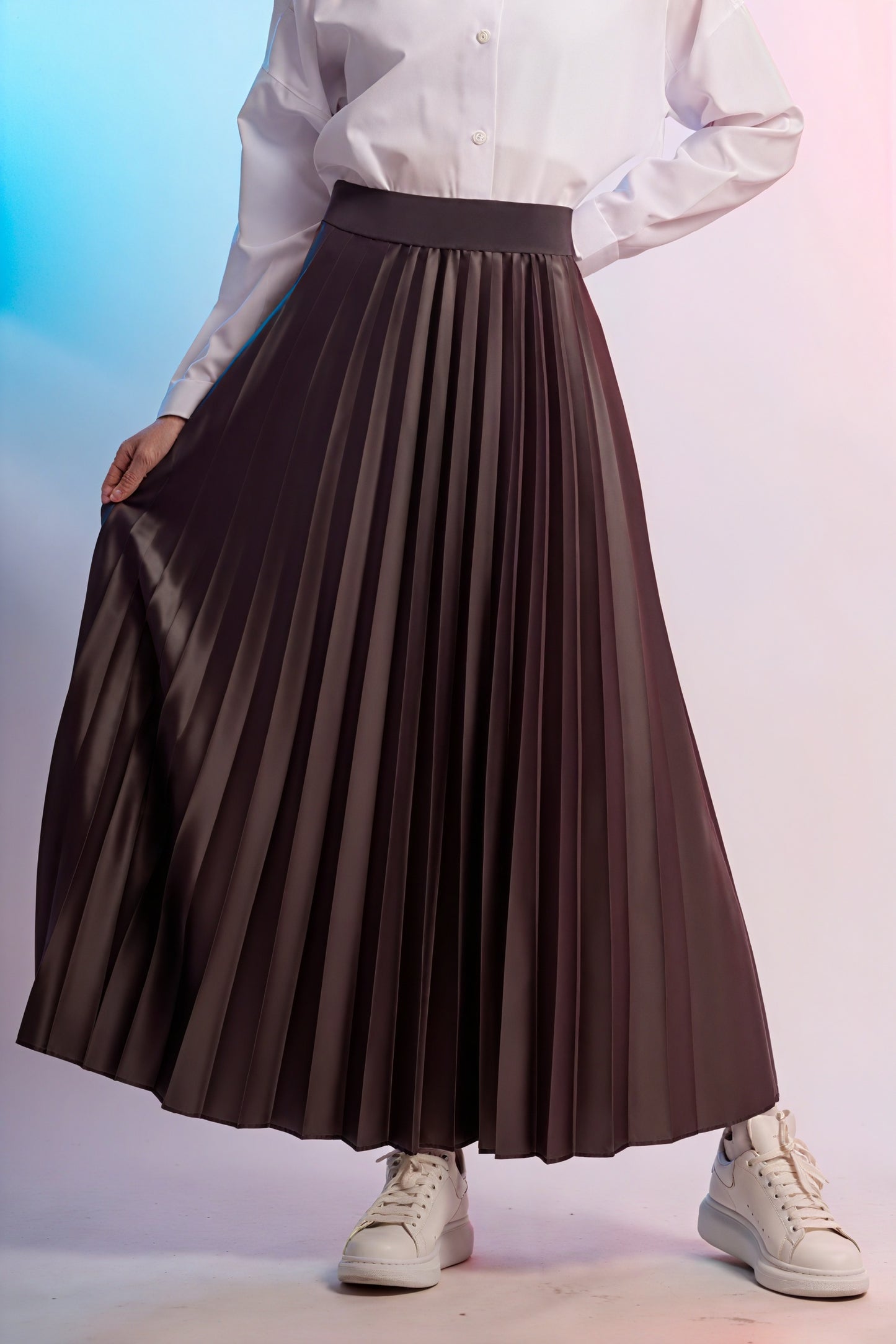 Pleated A-Line Midi Skirt - Tulle Hem