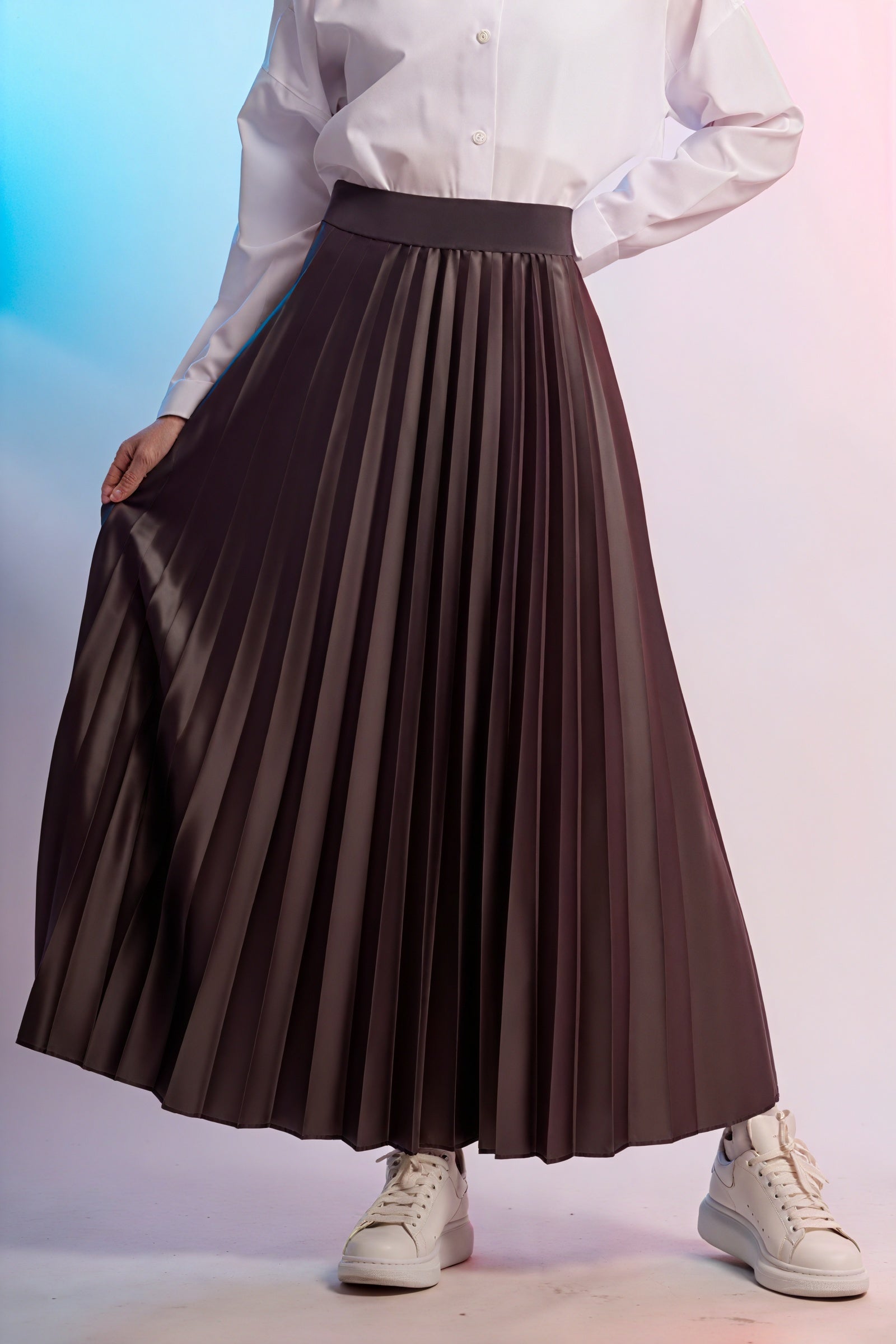 Pleated A-Line Midi Skirt - Tulle Hem