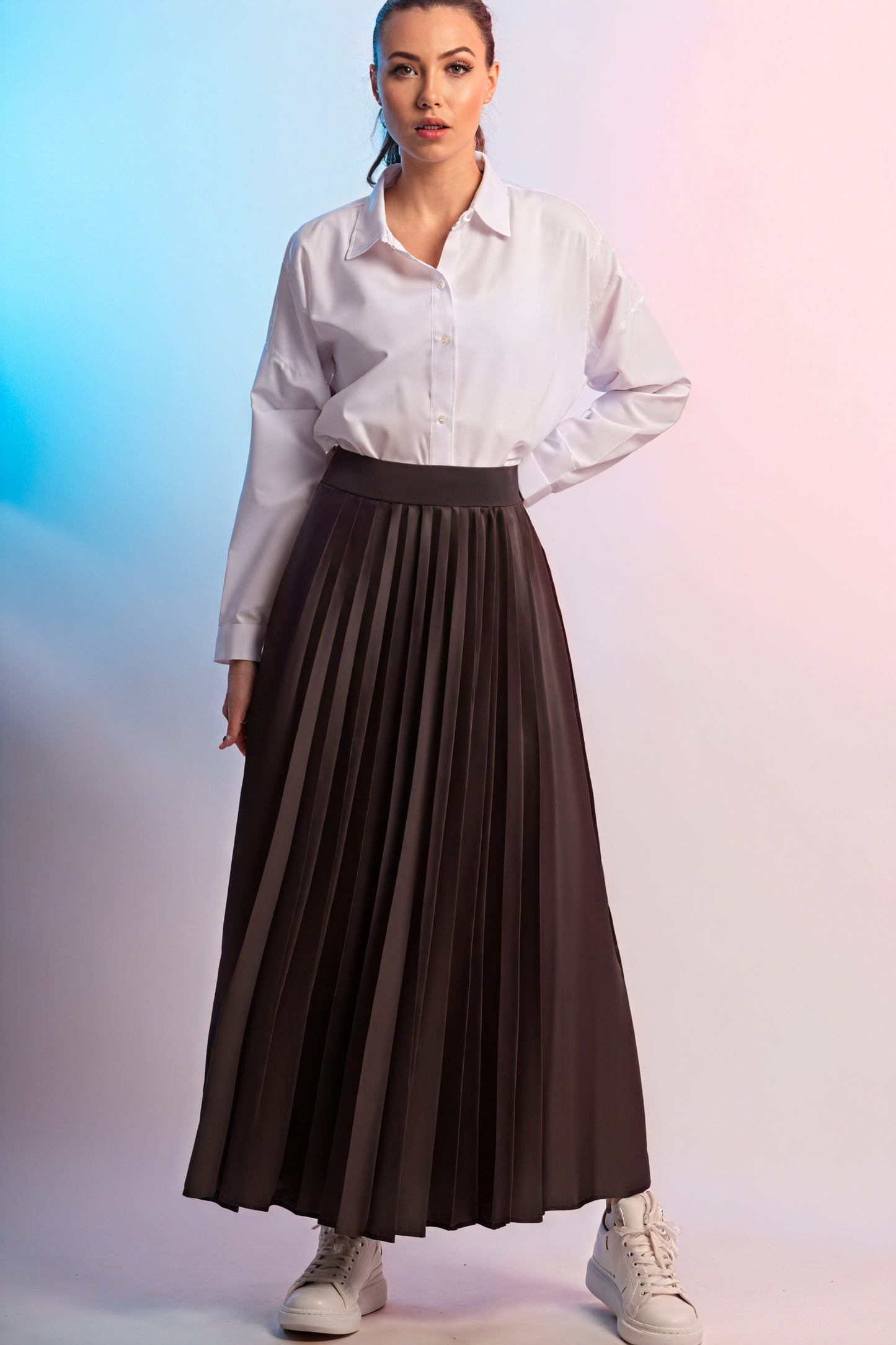 Pleated A-Line Midi Skirt - Tulle Hem