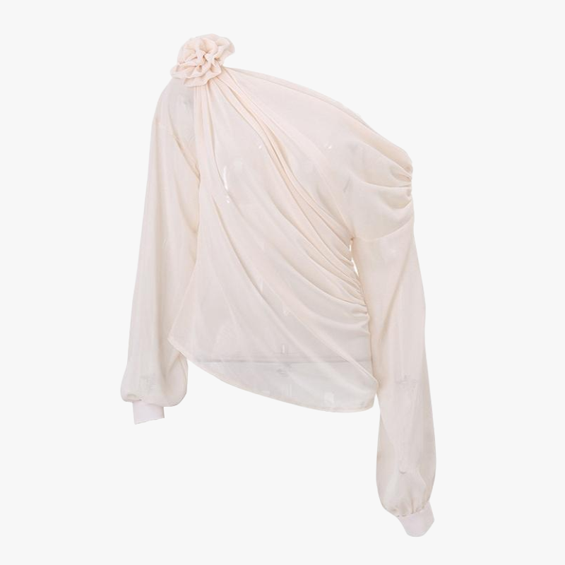 Sculpted Shoulder Top - Rose Detail, Beige