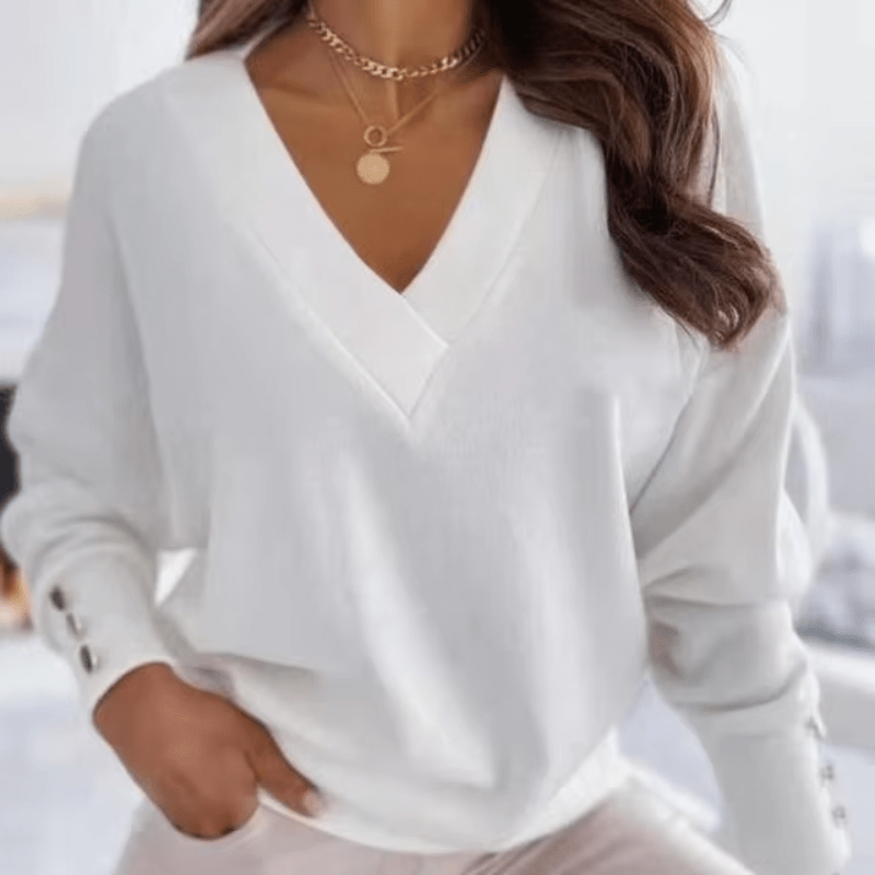Cropped V-Neck Top – Oversized Buttoned Sleeves