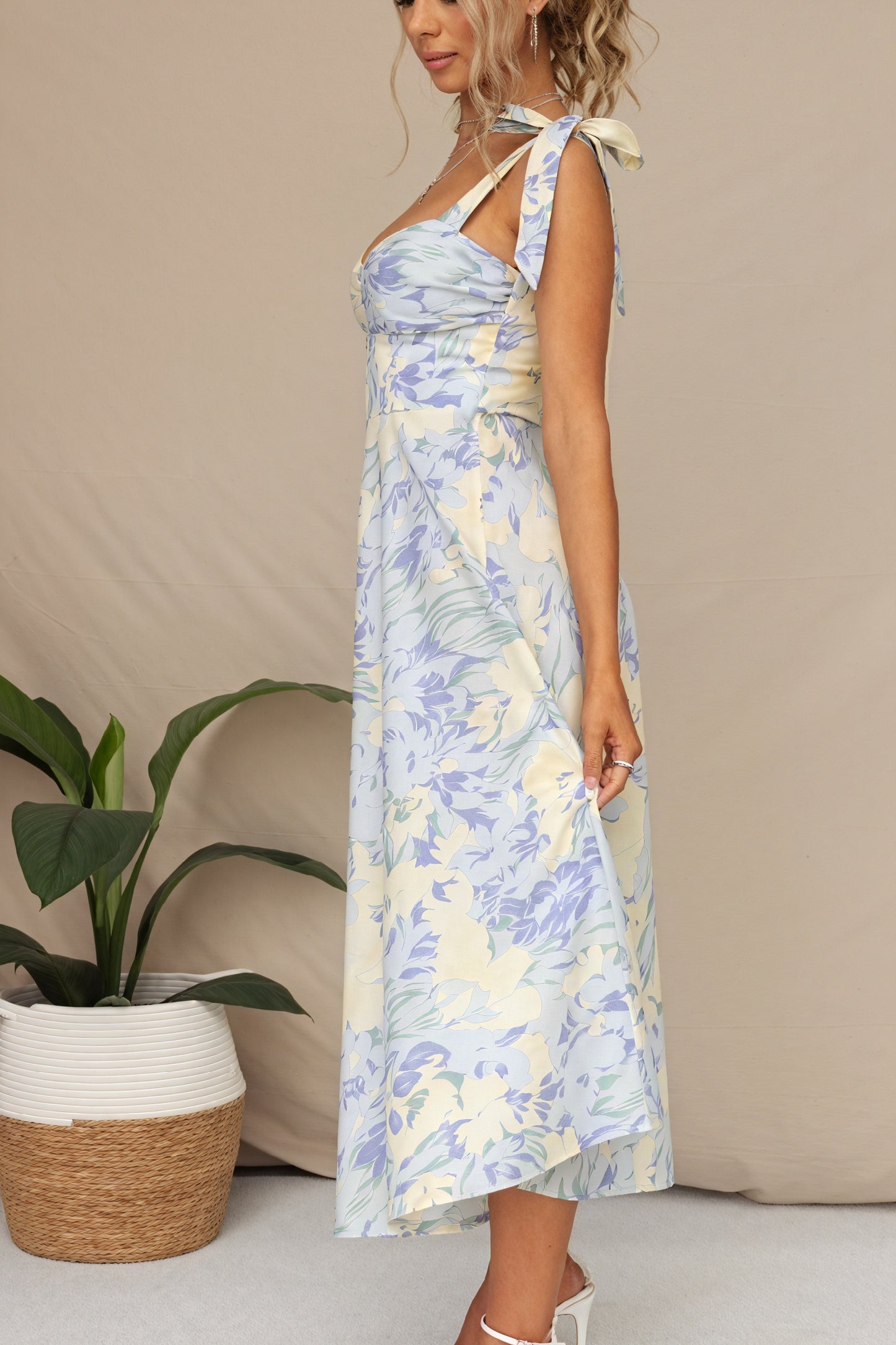 Floral Midi Dress - Tie Shoulder Straps