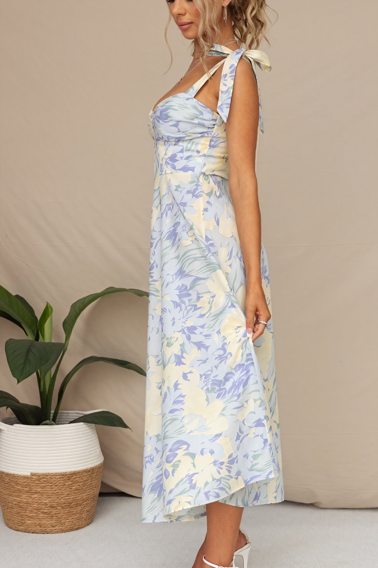 Floral Midi Dress - Tie Shoulder Straps