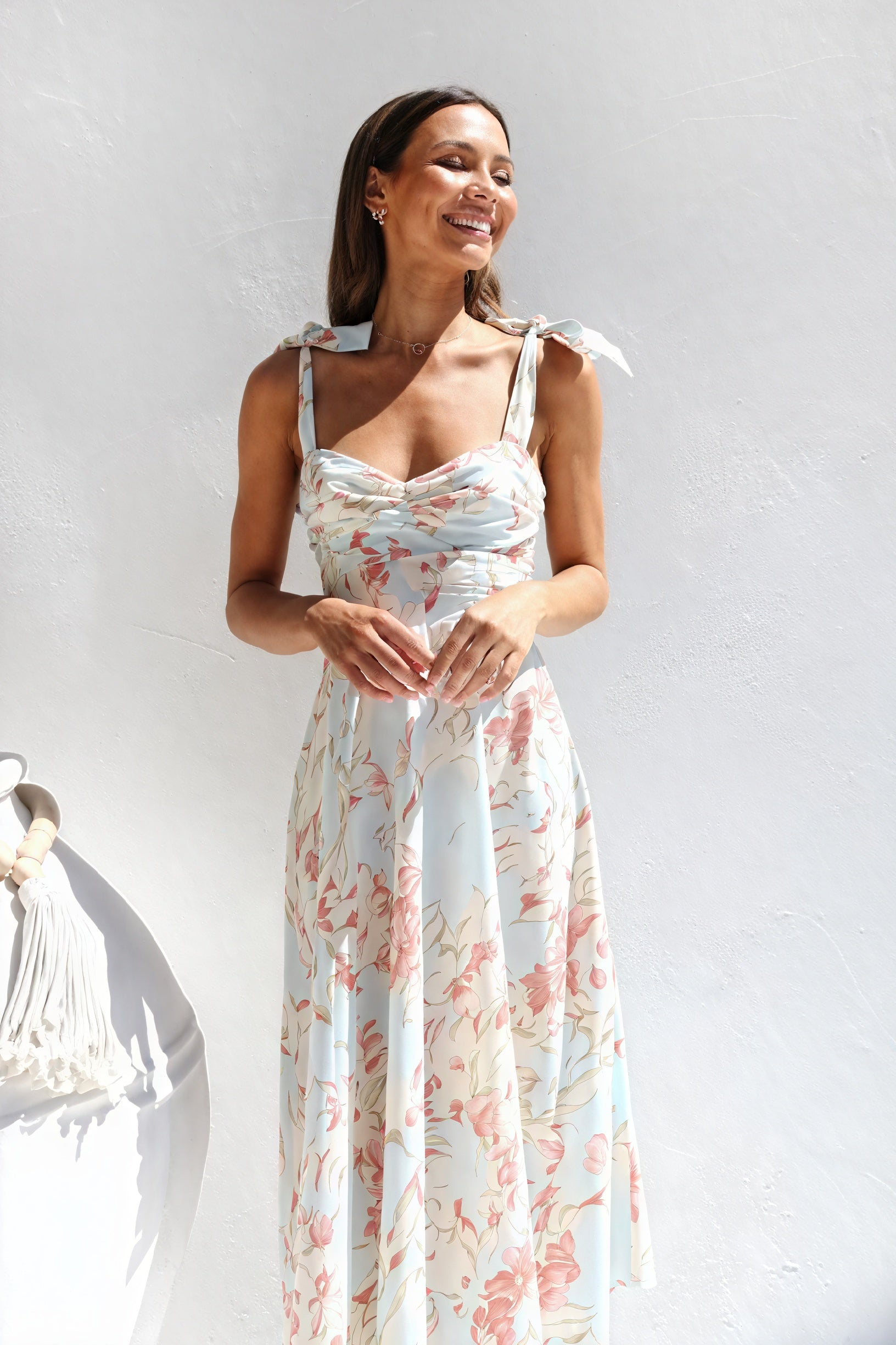 Floral Midi Dress - Tie Shoulder Straps