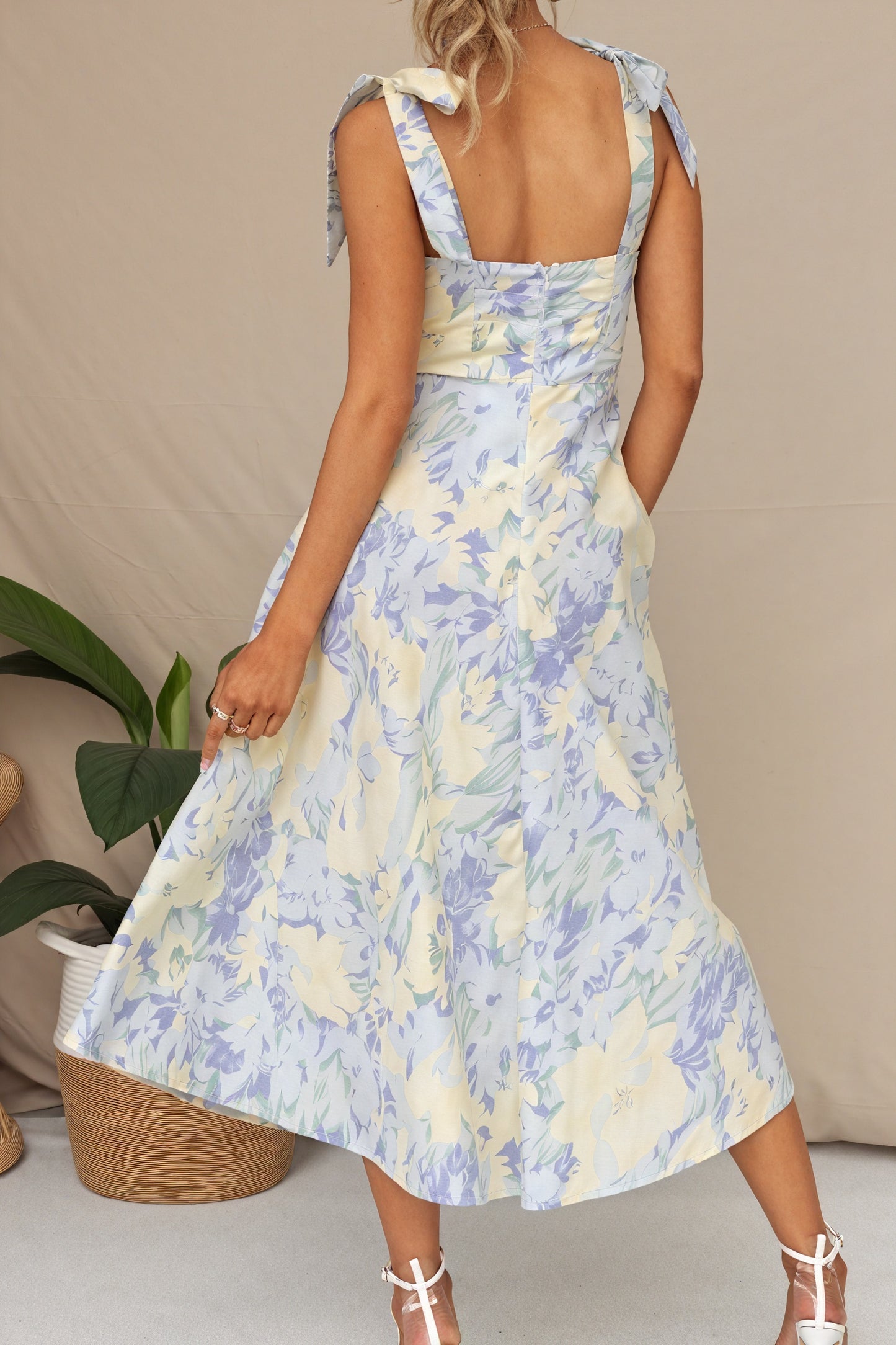 Floral Midi Dress - Tie Shoulder Straps