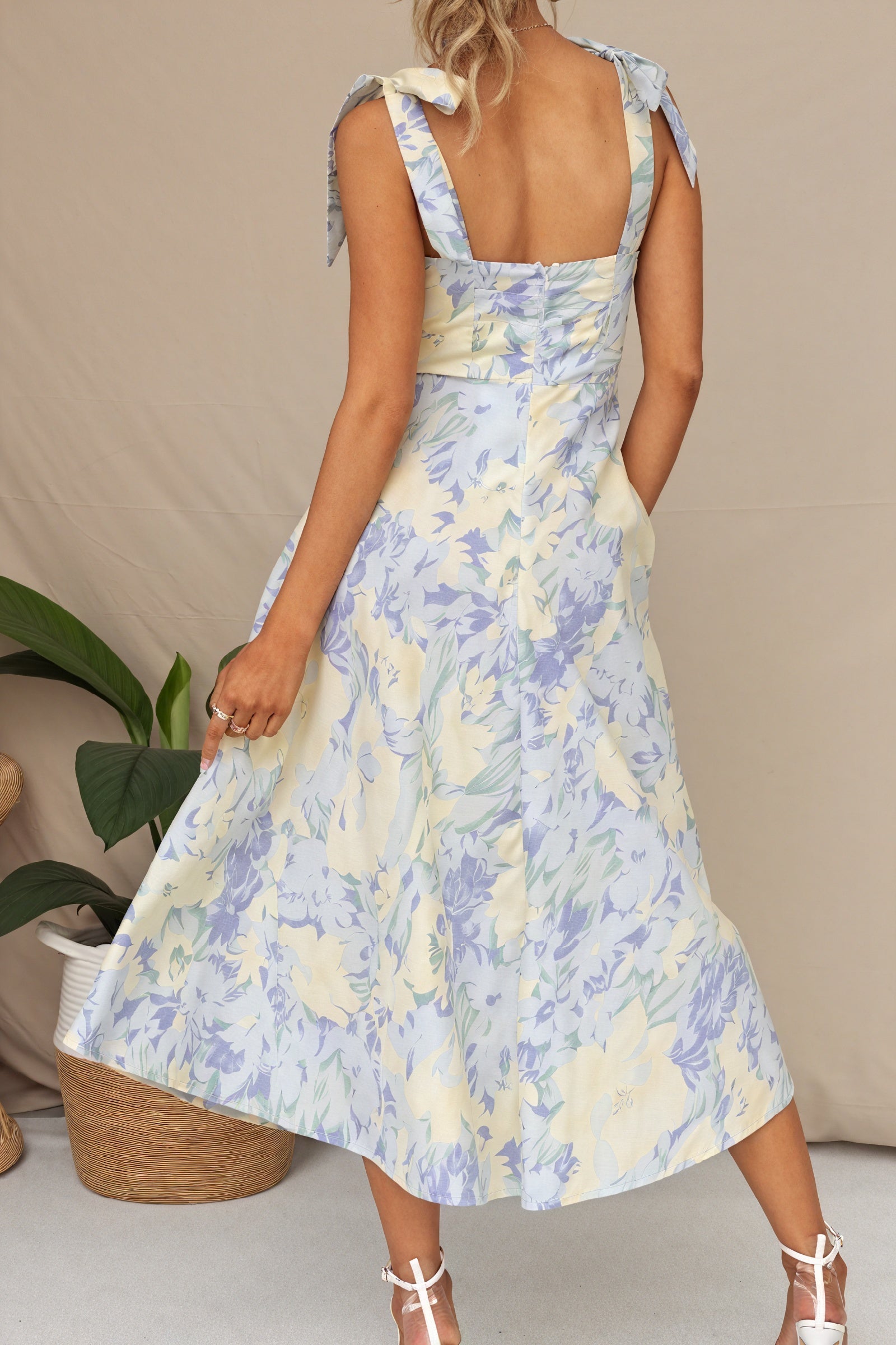 Floral Midi Dress - Tie Shoulder Straps