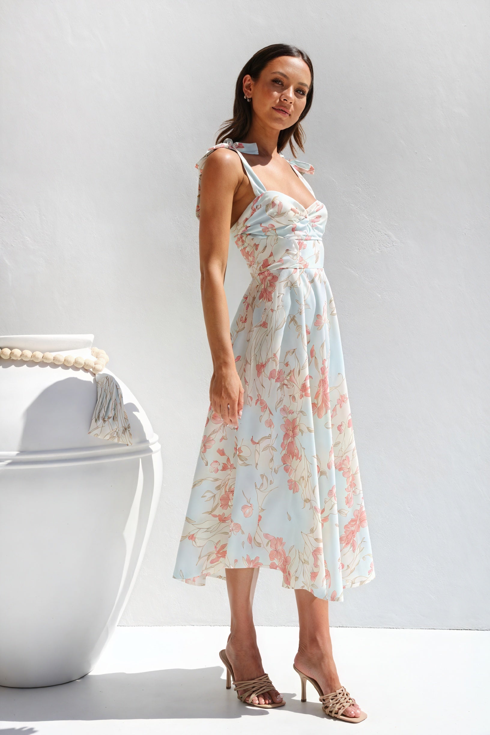 Floral Midi Dress - Tie Shoulder Straps