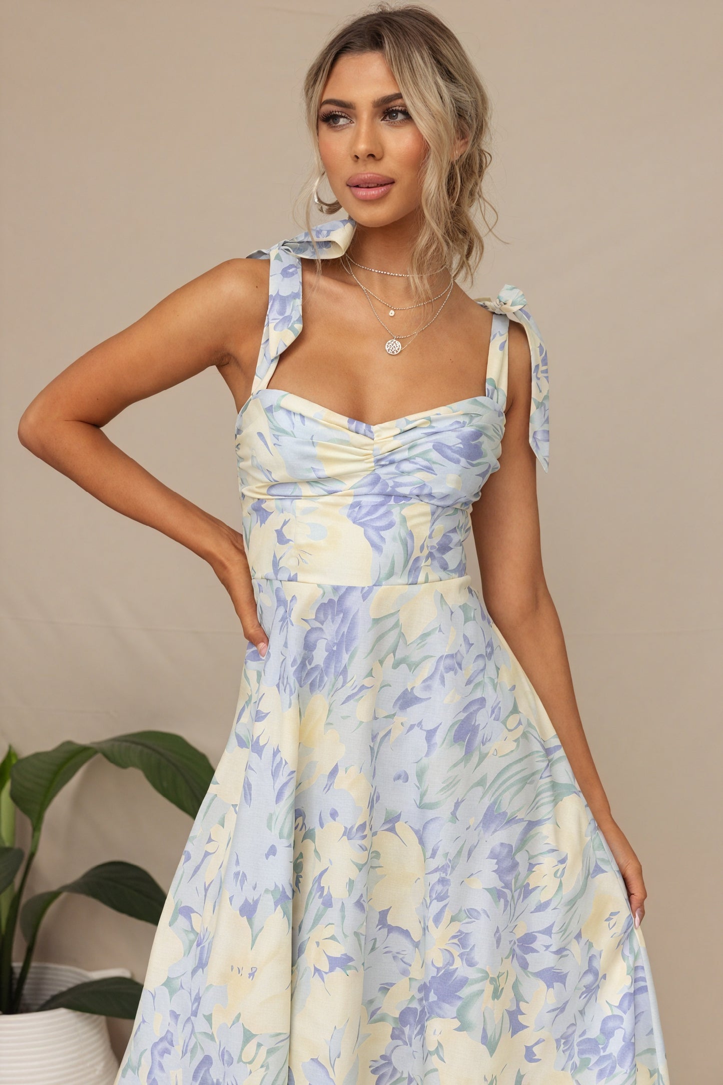 Floral Midi Dress - Tie Shoulder Straps