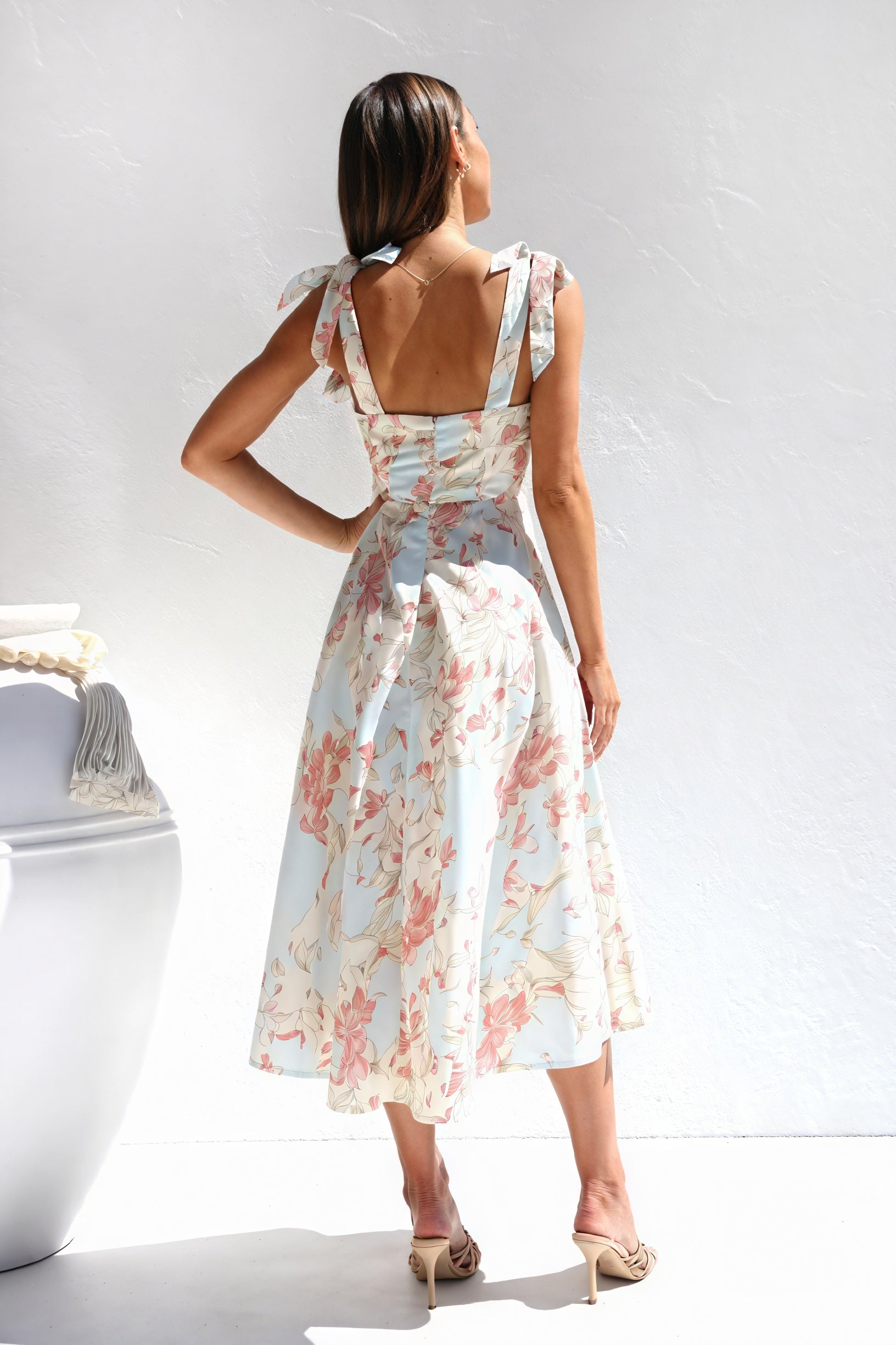 Floral Midi Dress - Tie Shoulder Straps