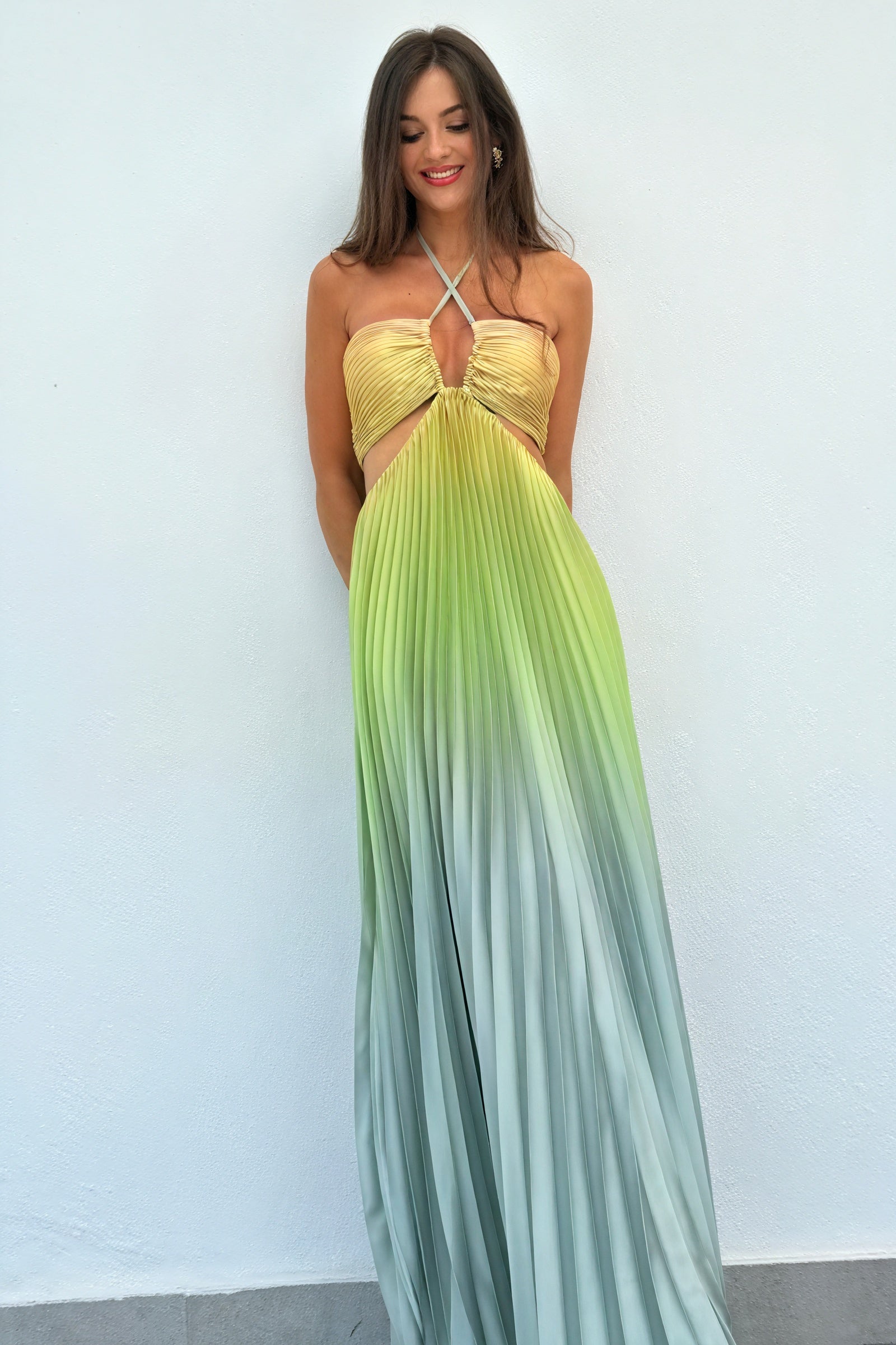 Pleated Halter Maxi Dress with Cutout