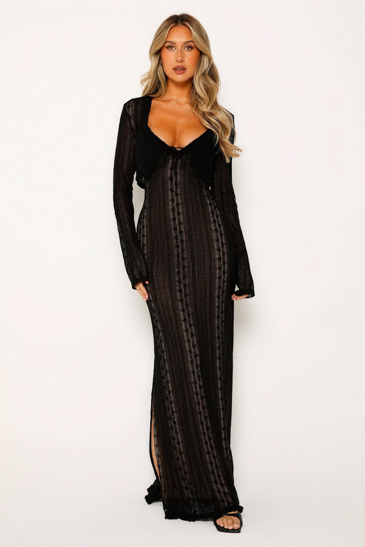 Sheer Maxi Dress with Striped Bolero