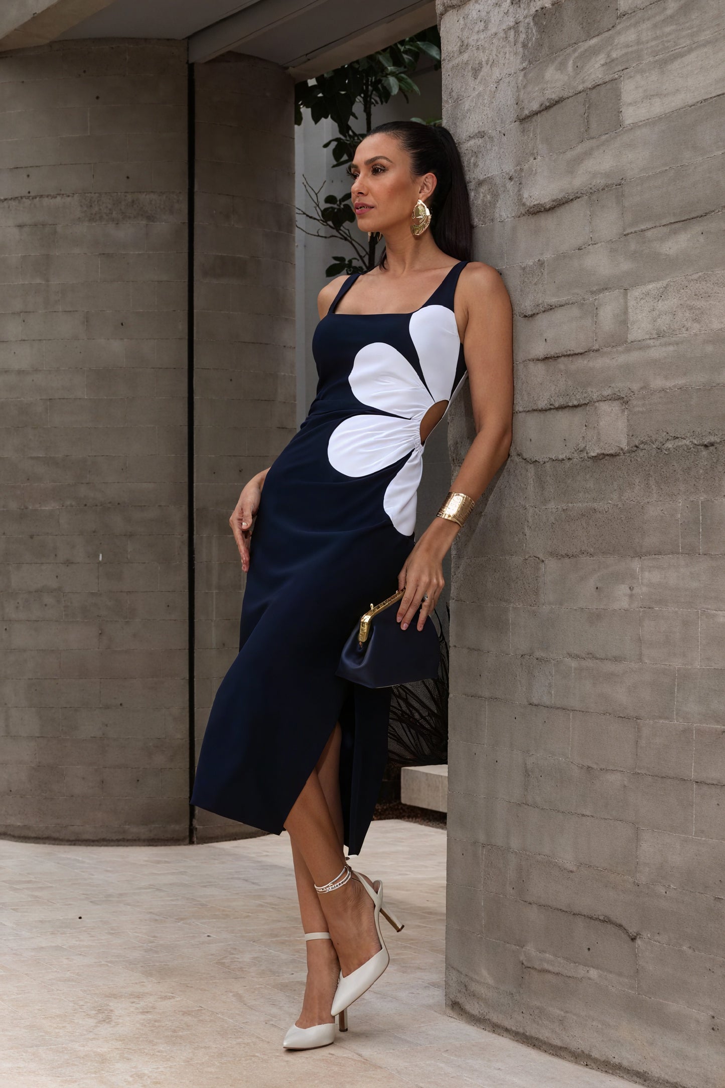 Floral Midi Dress - Fitted Silhouette, Side Slit