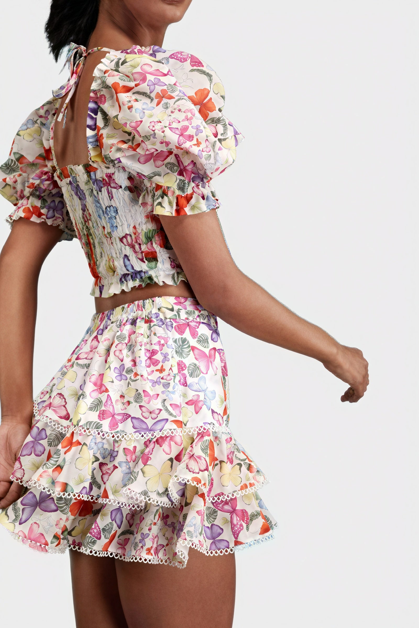 Floral Two-Piece Set - Smocked Bodice, Ruffle Skirt